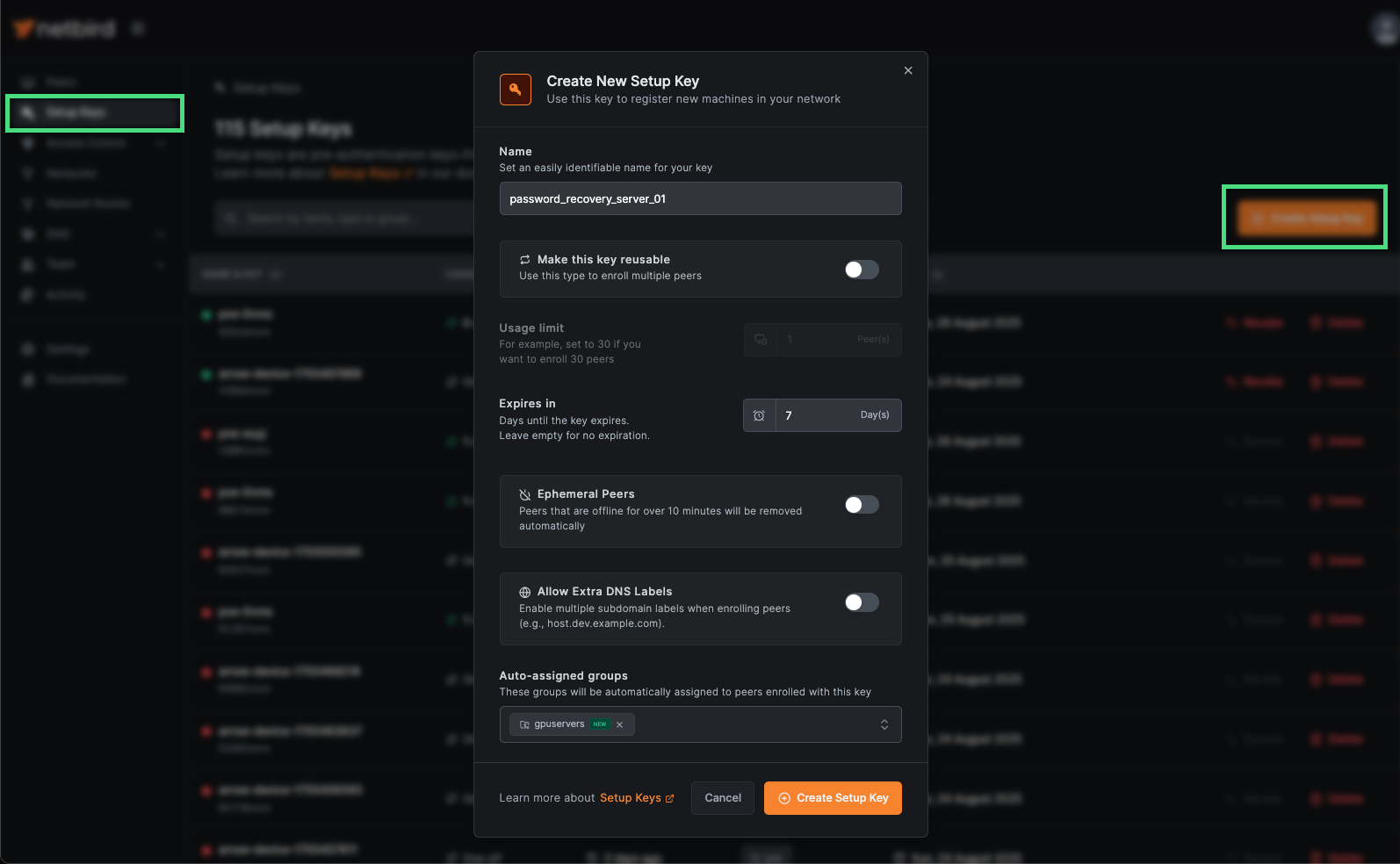 Netbird Setup Key Request
