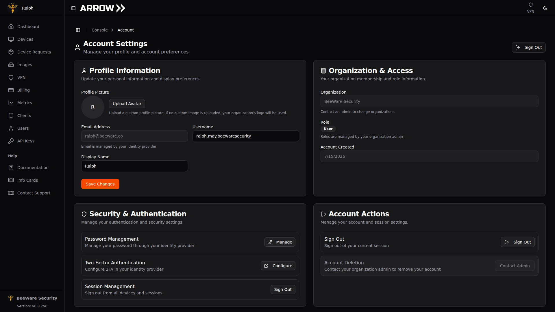 ARROW Platform Account Settings page
