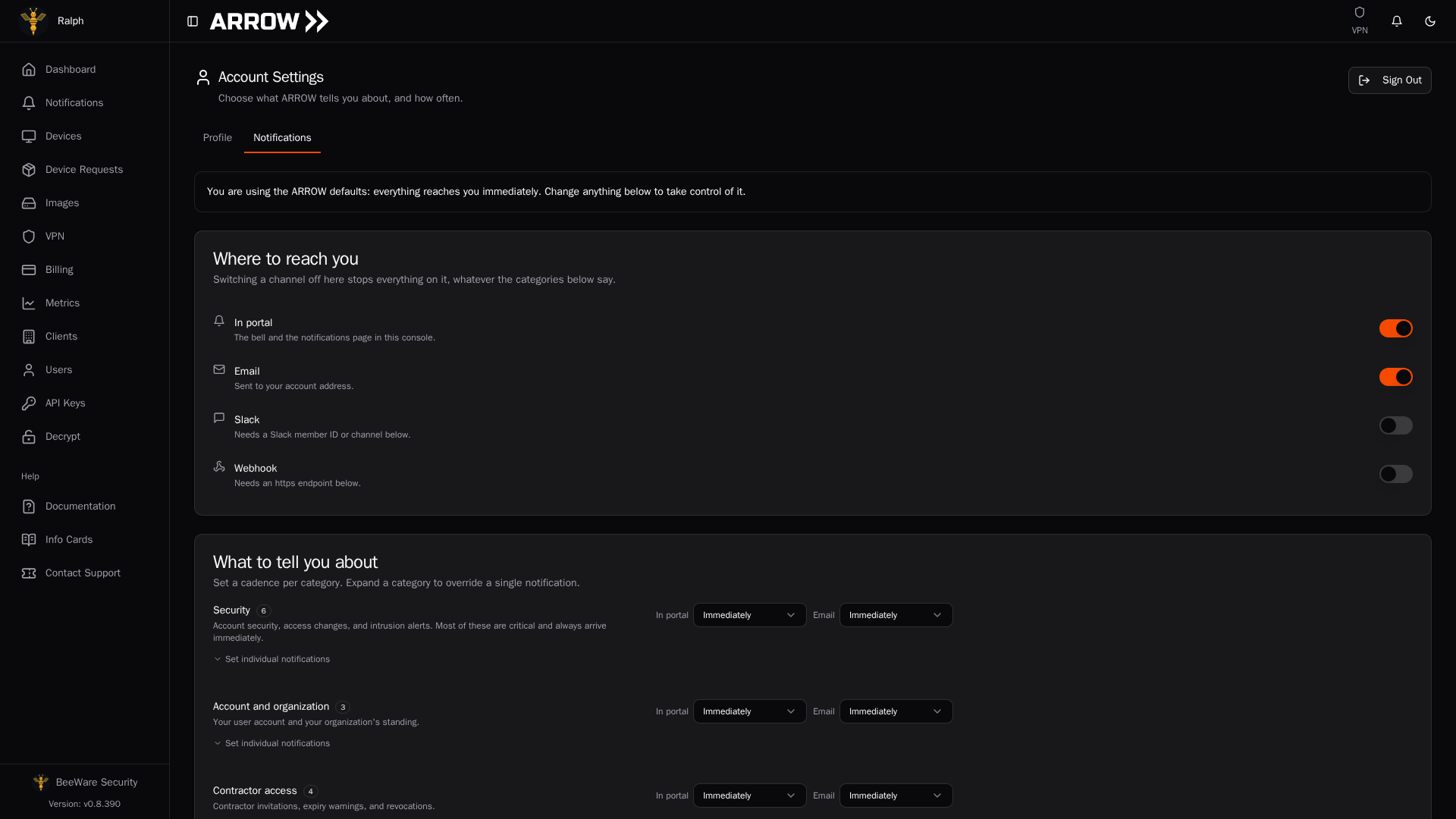 Notification preferences in the ARROW Console