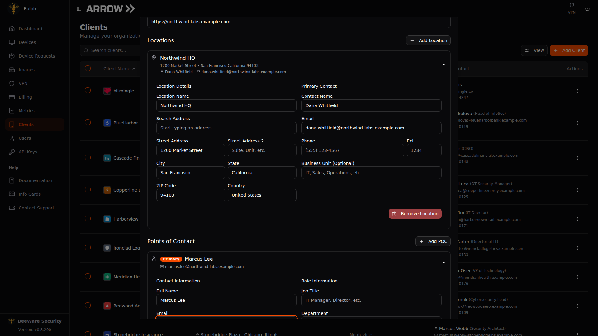 Points of Contact section of the Add New Client dialog