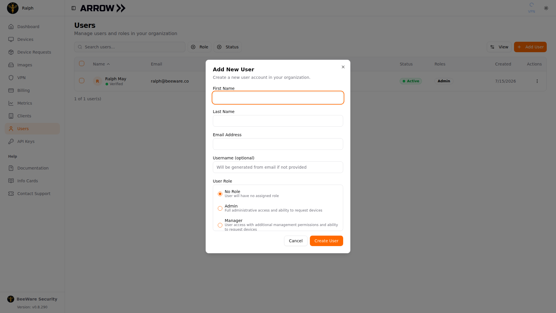 Add New User dialog