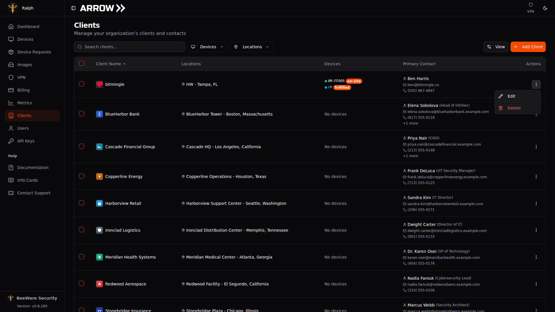 The actions menu open on a client row