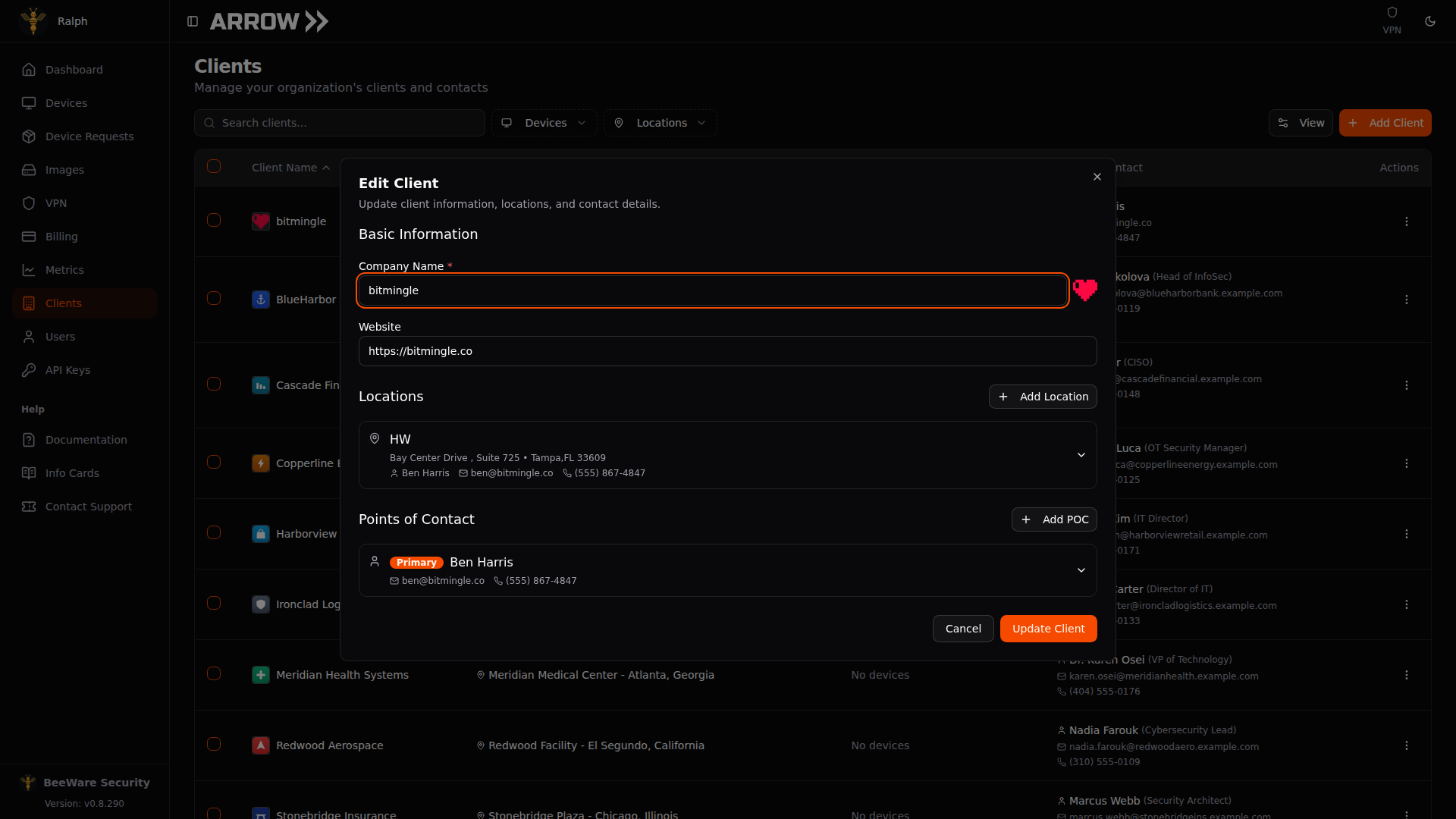 The Edit Client dialog prefilled with an existing client's details
