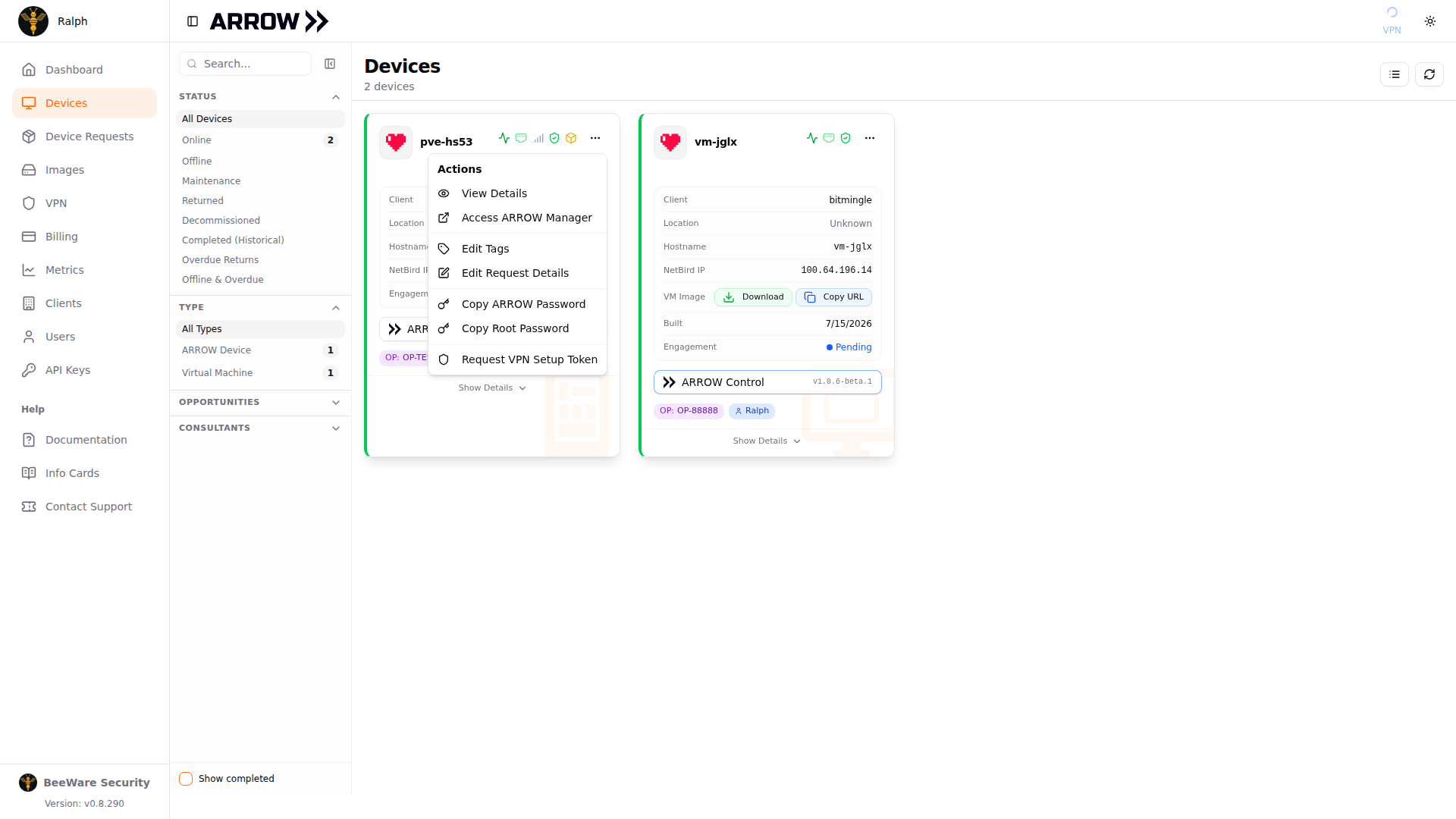 The device card actions menu open