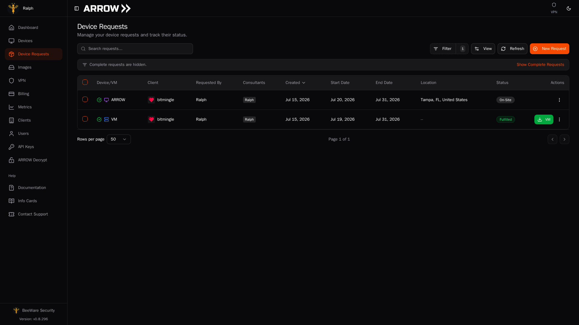 ARROW Console Device Requests table with shipment status