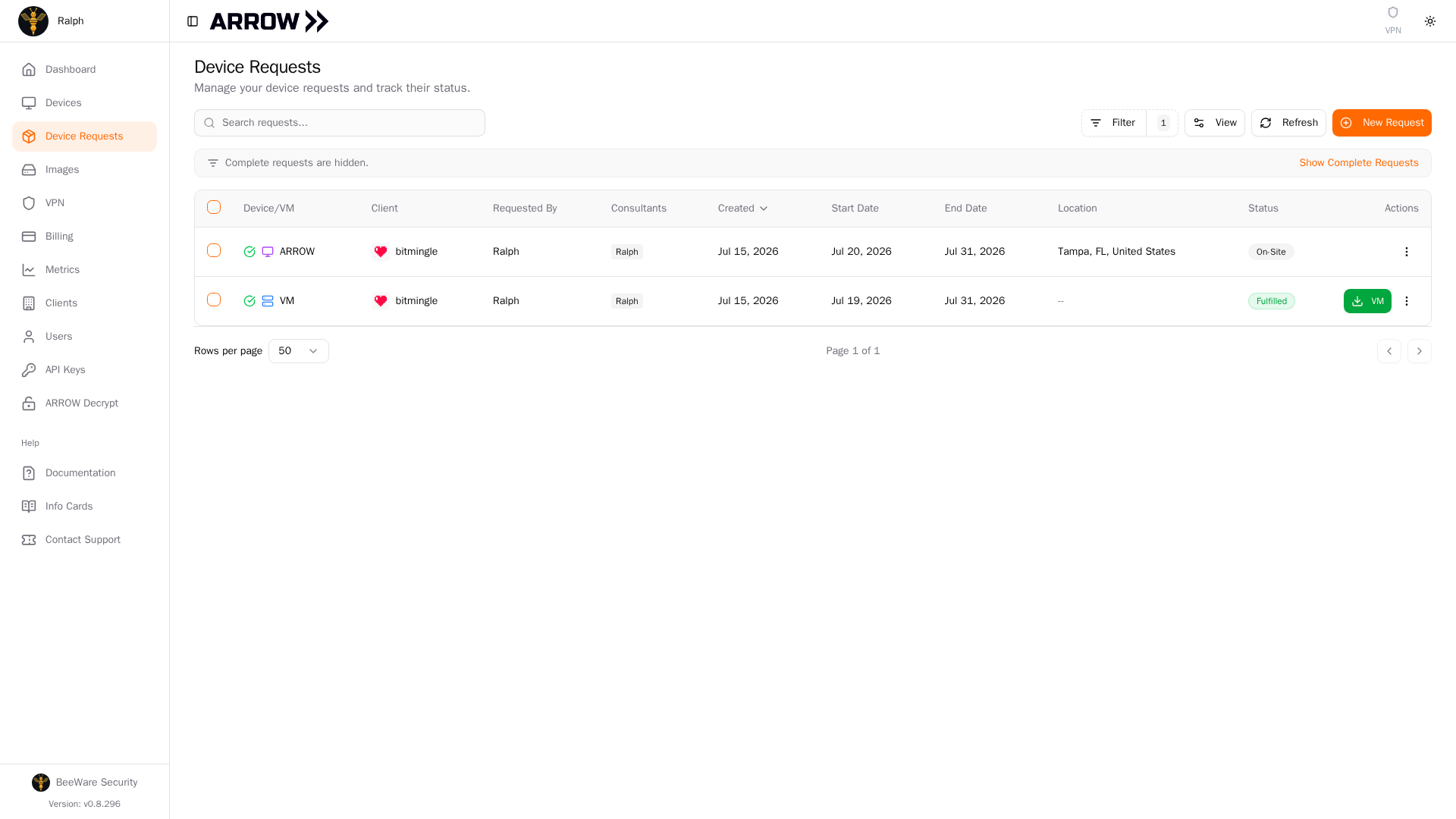 ARROW Console Device Requests table with shipment status