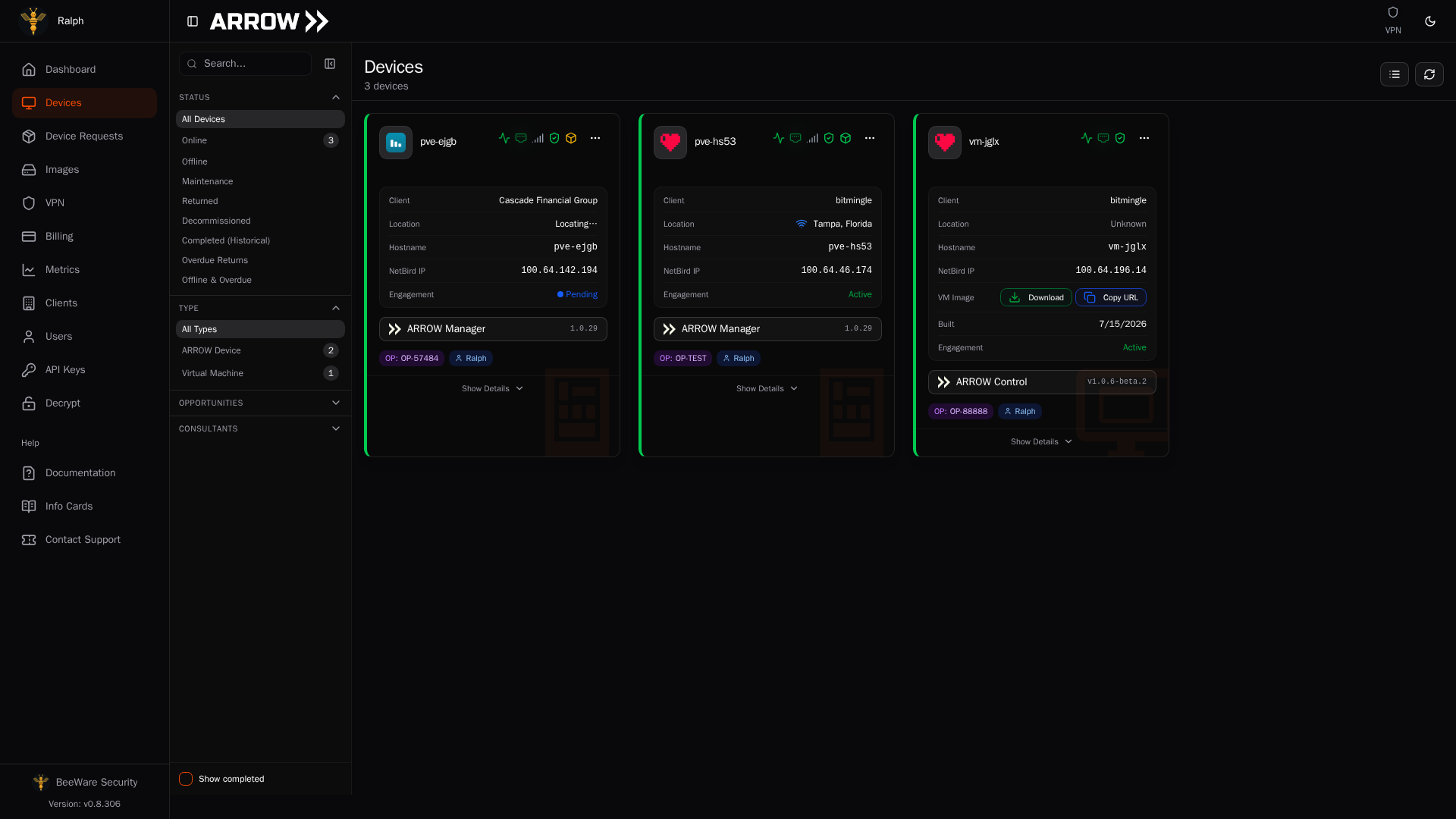 ARROW Platform Devices page showing device cards