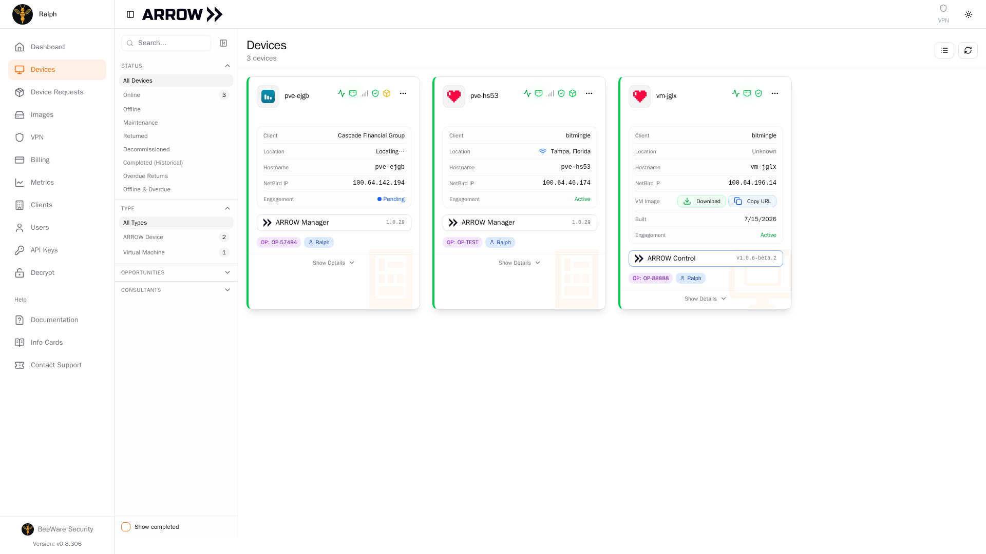 ARROW Platform Devices page showing device cards