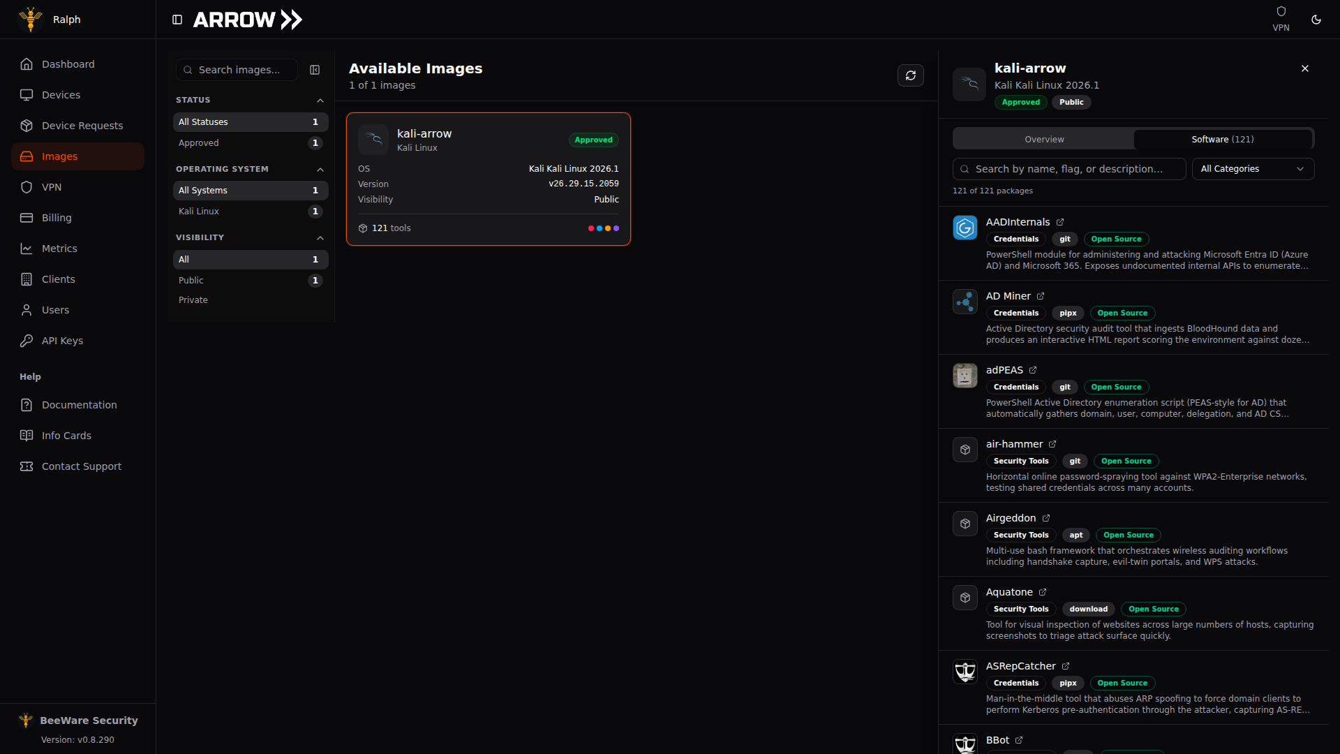 The Software tab of the image detail panel, listing preinstalled tools