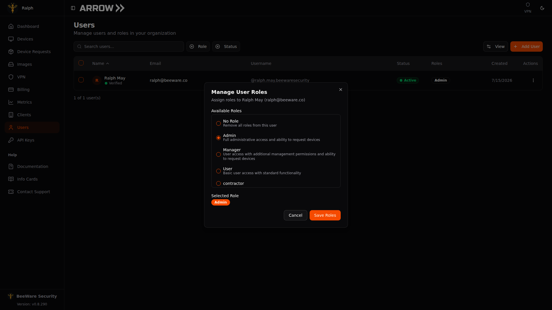 The Manage User Roles dialog