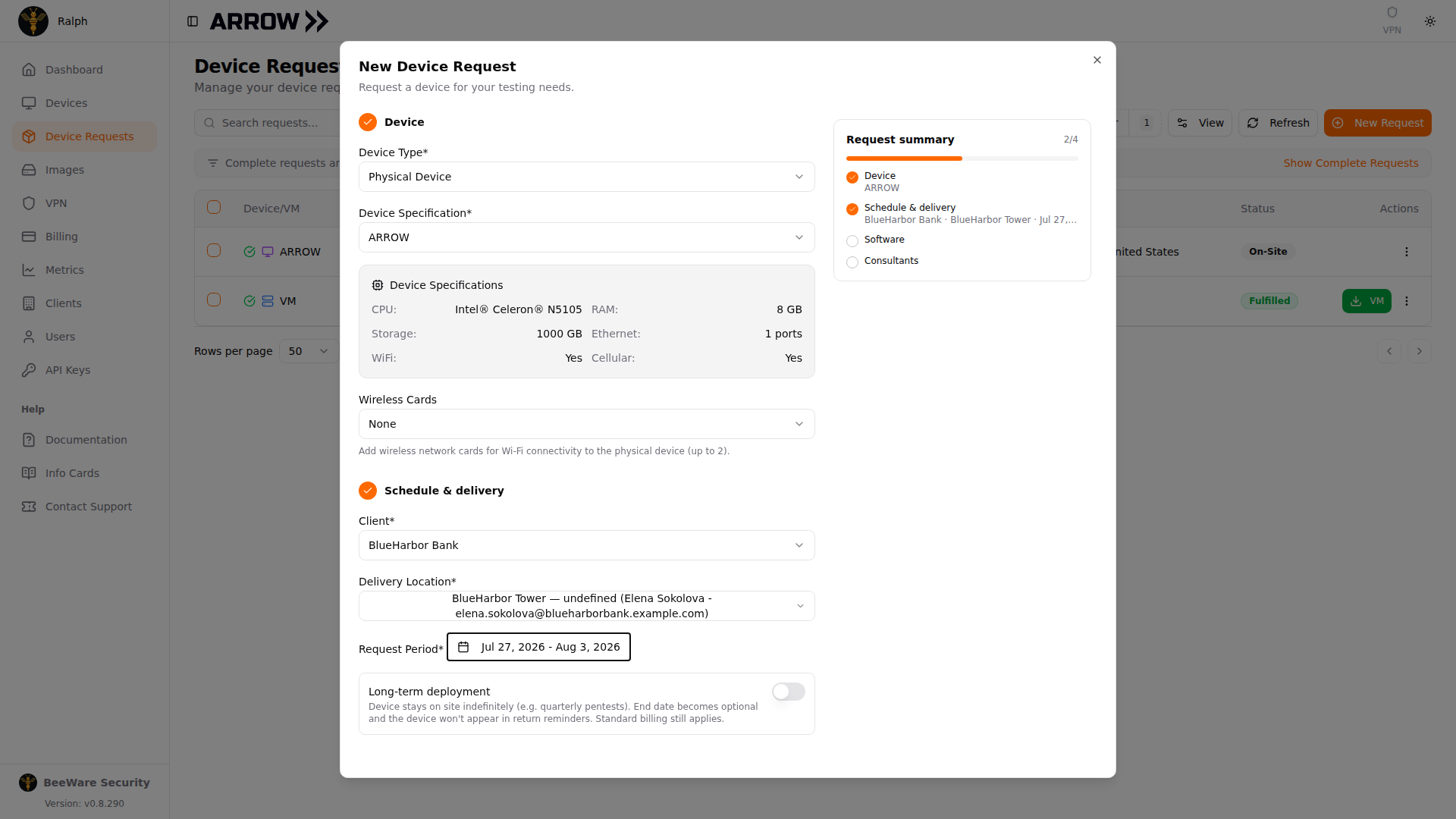 New Device Request dialog for a physical device