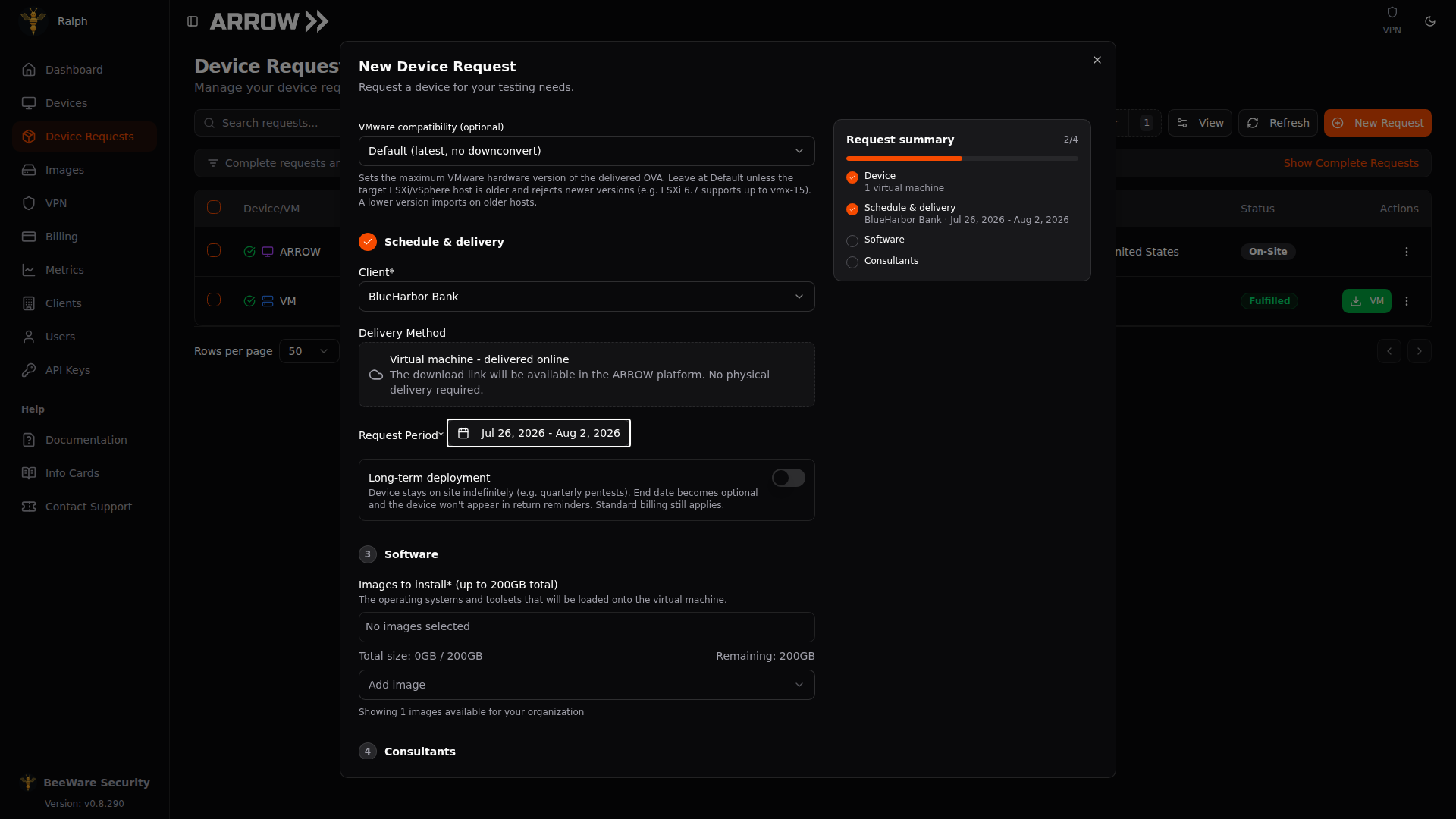 New Device Request dialog for a virtual machine