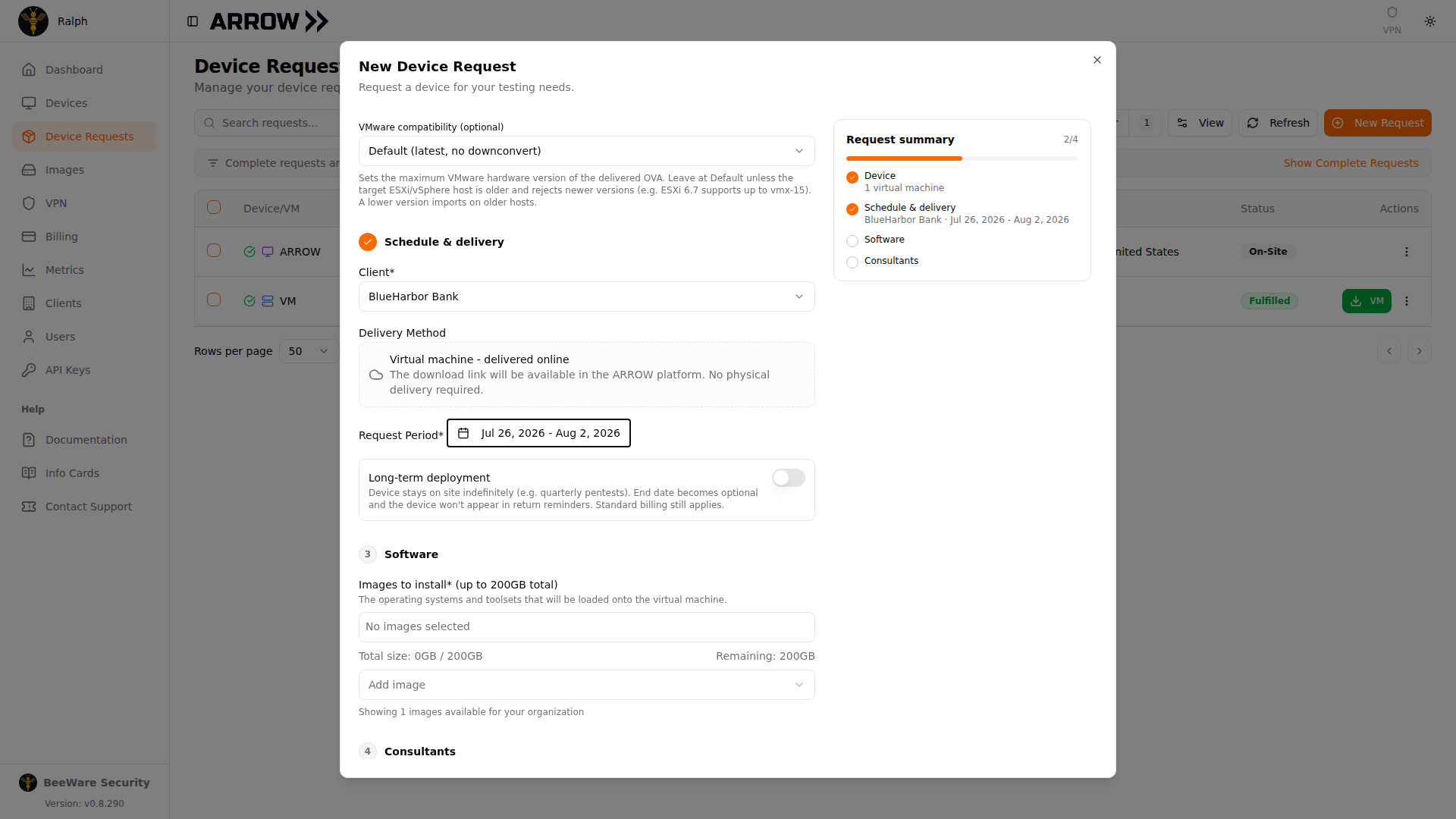 New Device Request dialog for a virtual machine