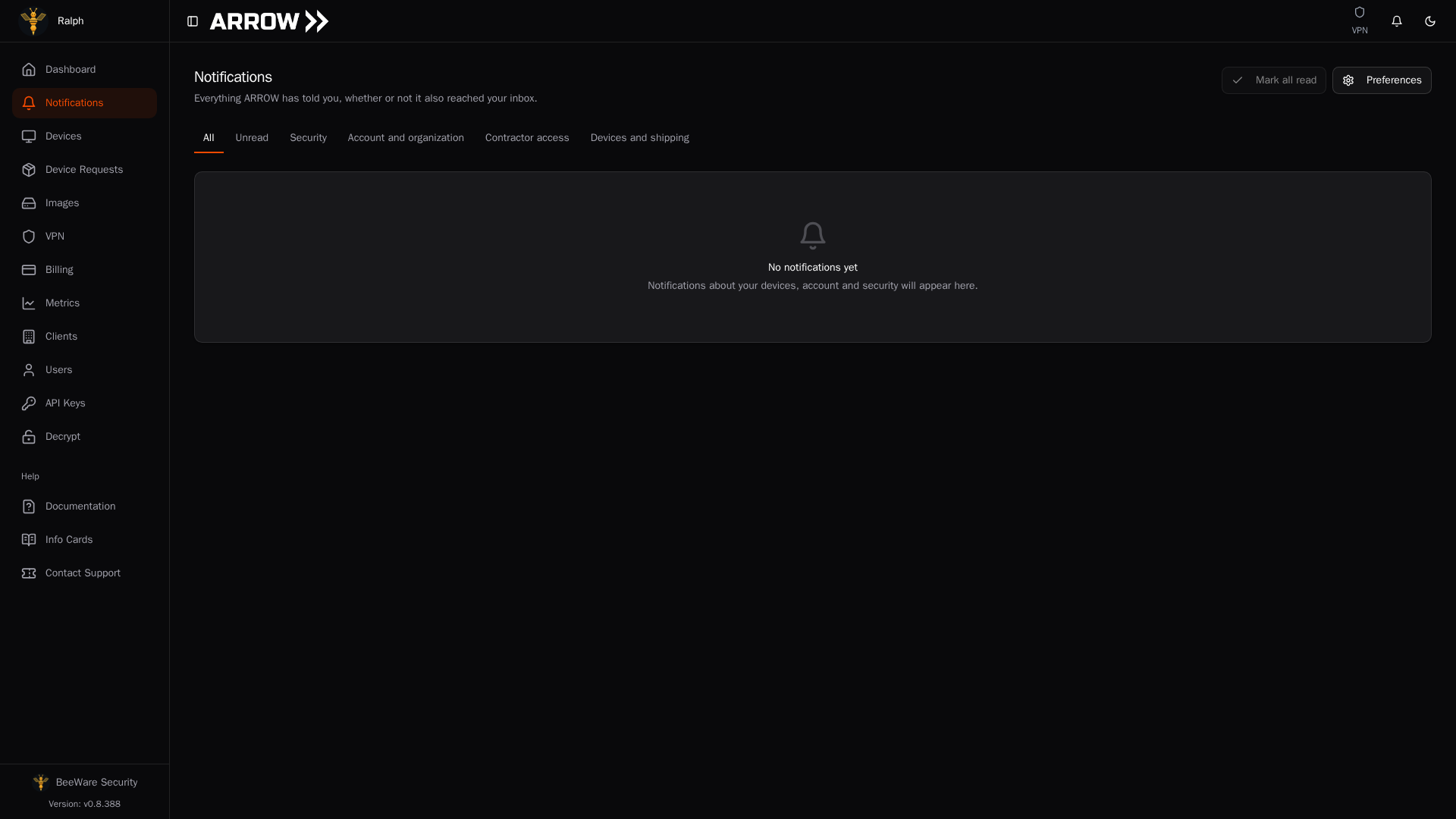 The Notifications inbox in the ARROW Console