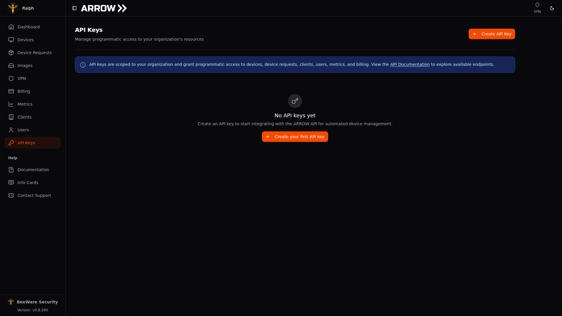 ARROW Console API Keys page