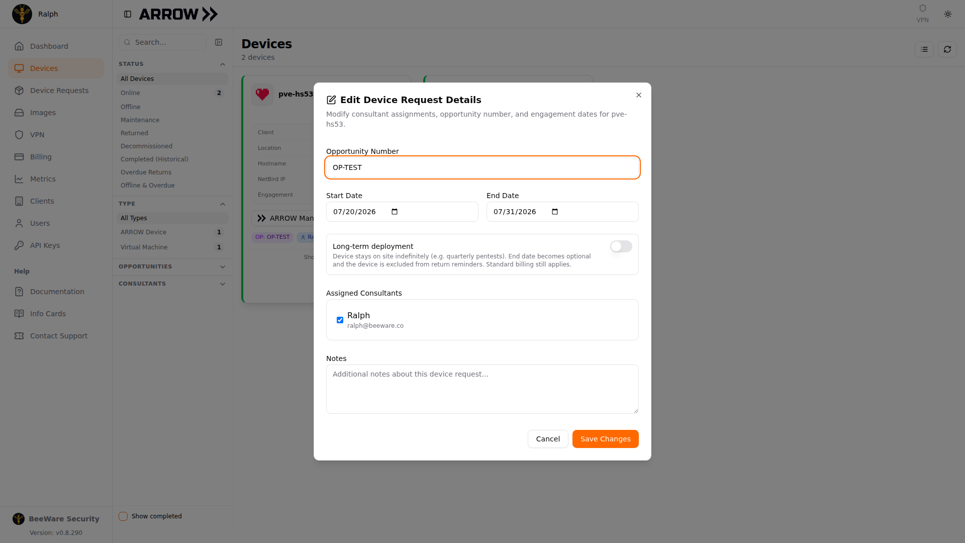 The Edit Device Request Details dialog