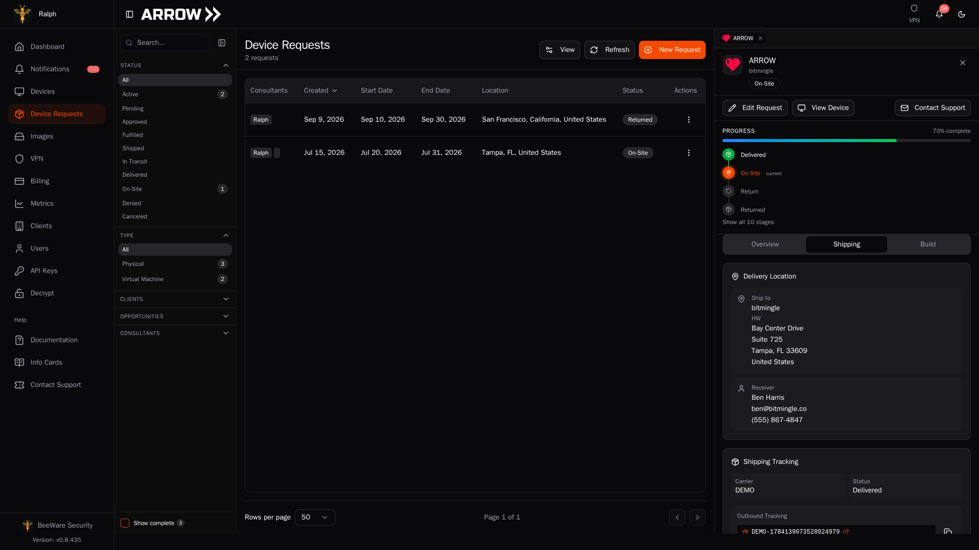 Shipping tab of a device request, showing the delivery location and the shipping tracking card that carries the tracking numbers and label buttons