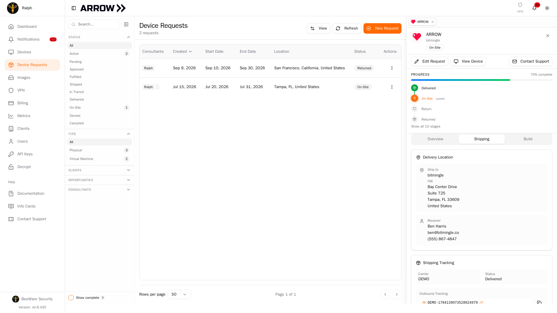 Shipping tab of a device request, showing the delivery location and the shipping tracking card that carries the tracking numbers and label buttons