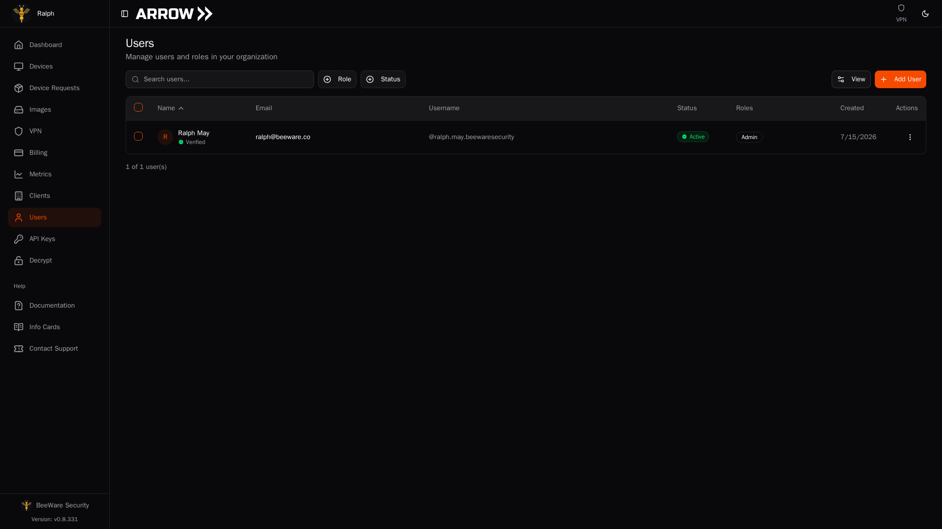 ARROW Platform Users list