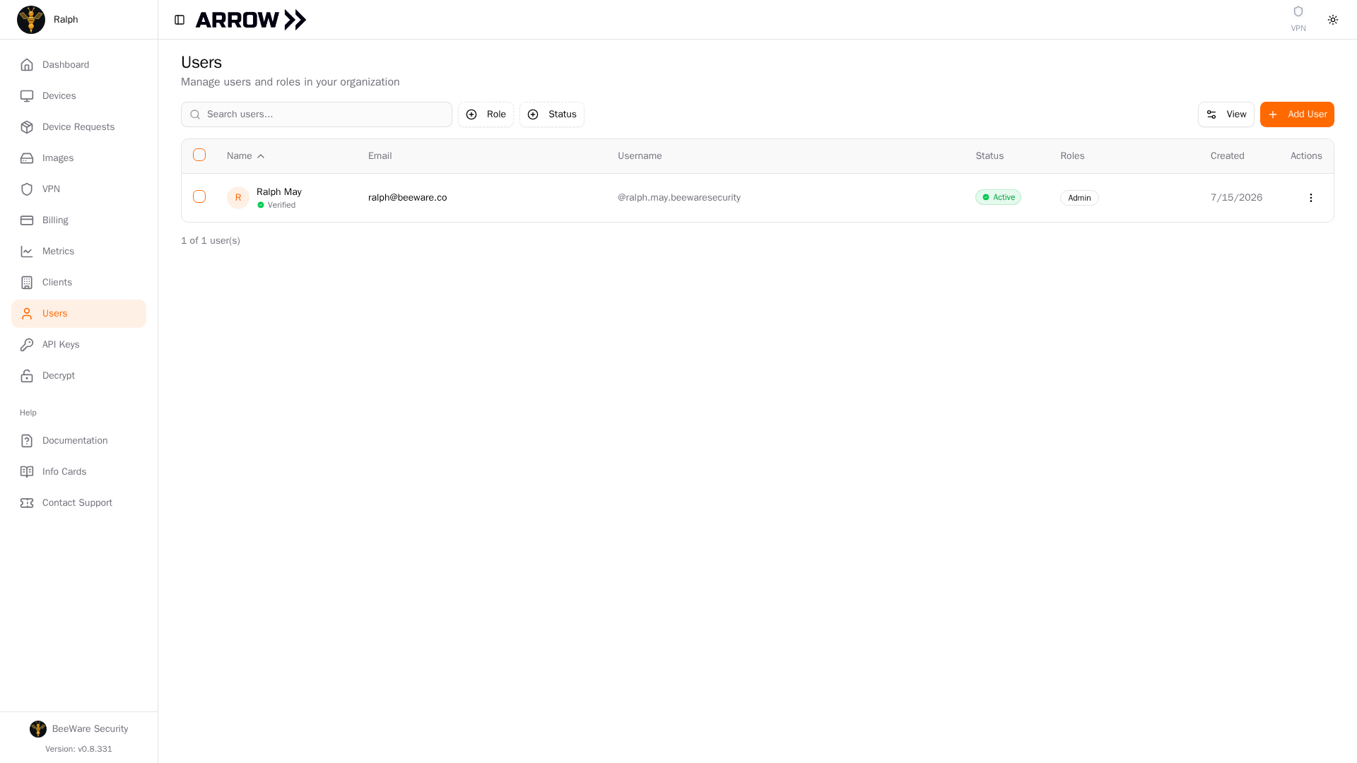 ARROW Platform Users list