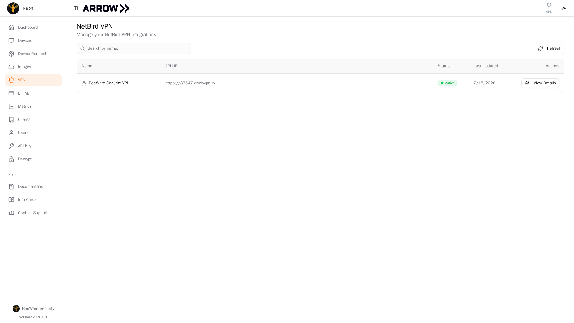 ARROW Platform NetBird VPN page