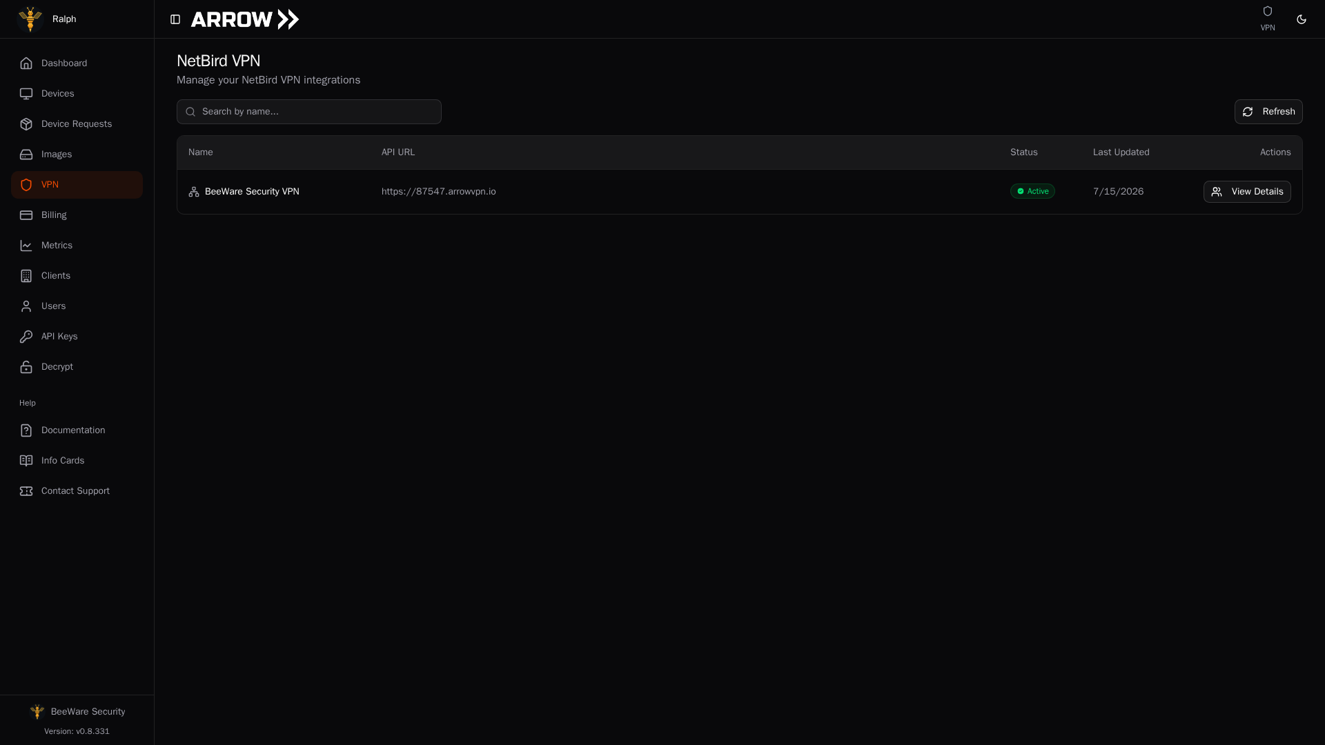 ARROW Console NetBird VPN page