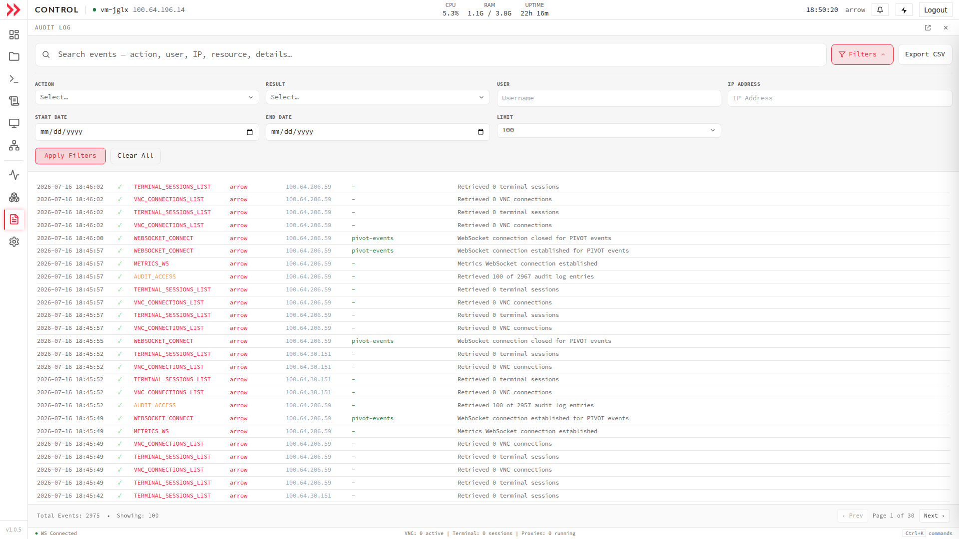 ARROW Control audit log with the Filters panel expanded