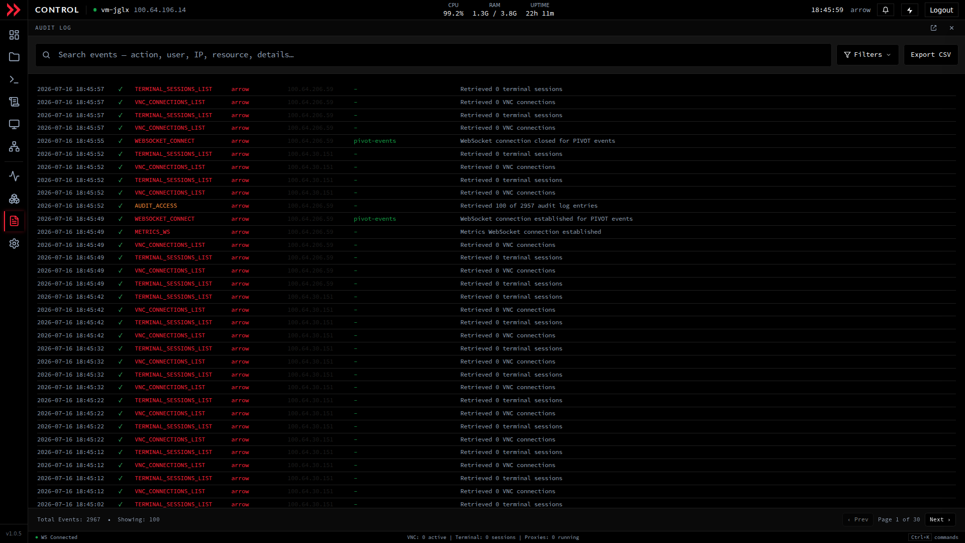 ARROW Control audit log with searchable event history
