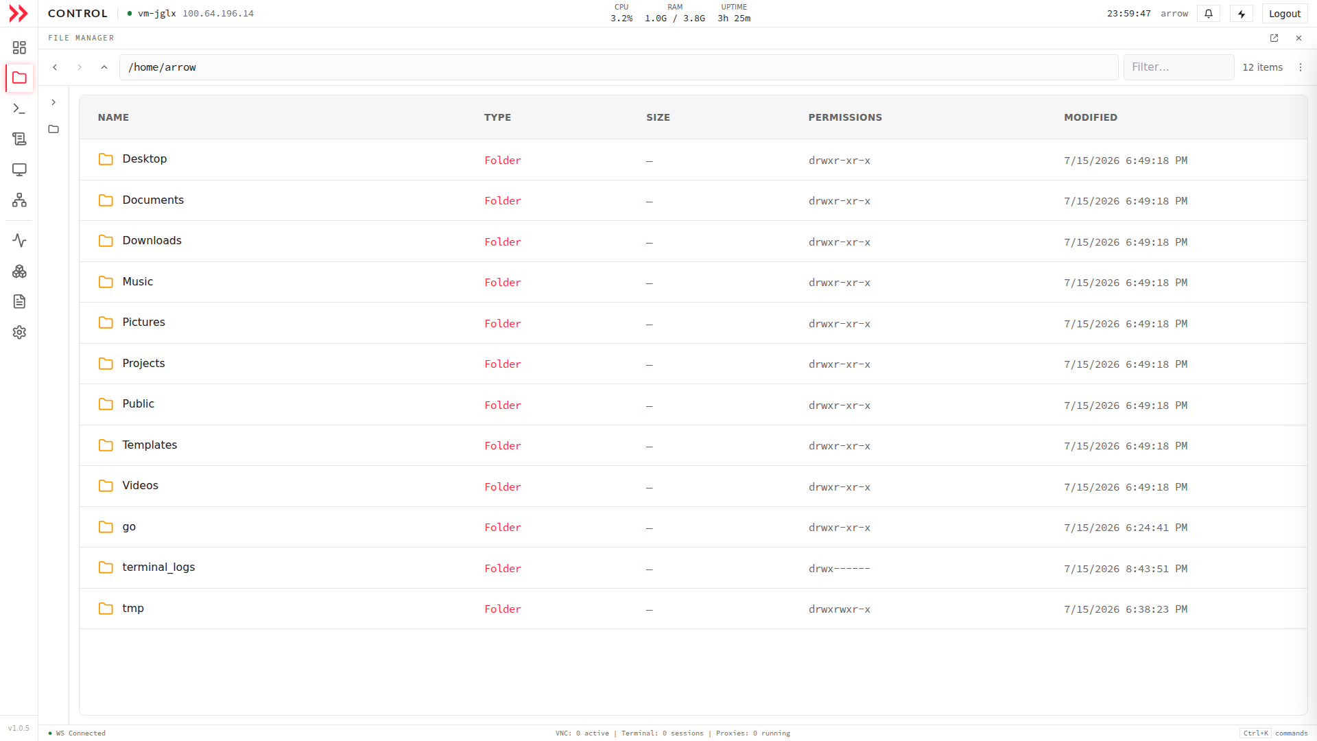 ARROW Control file manager listing the home directory