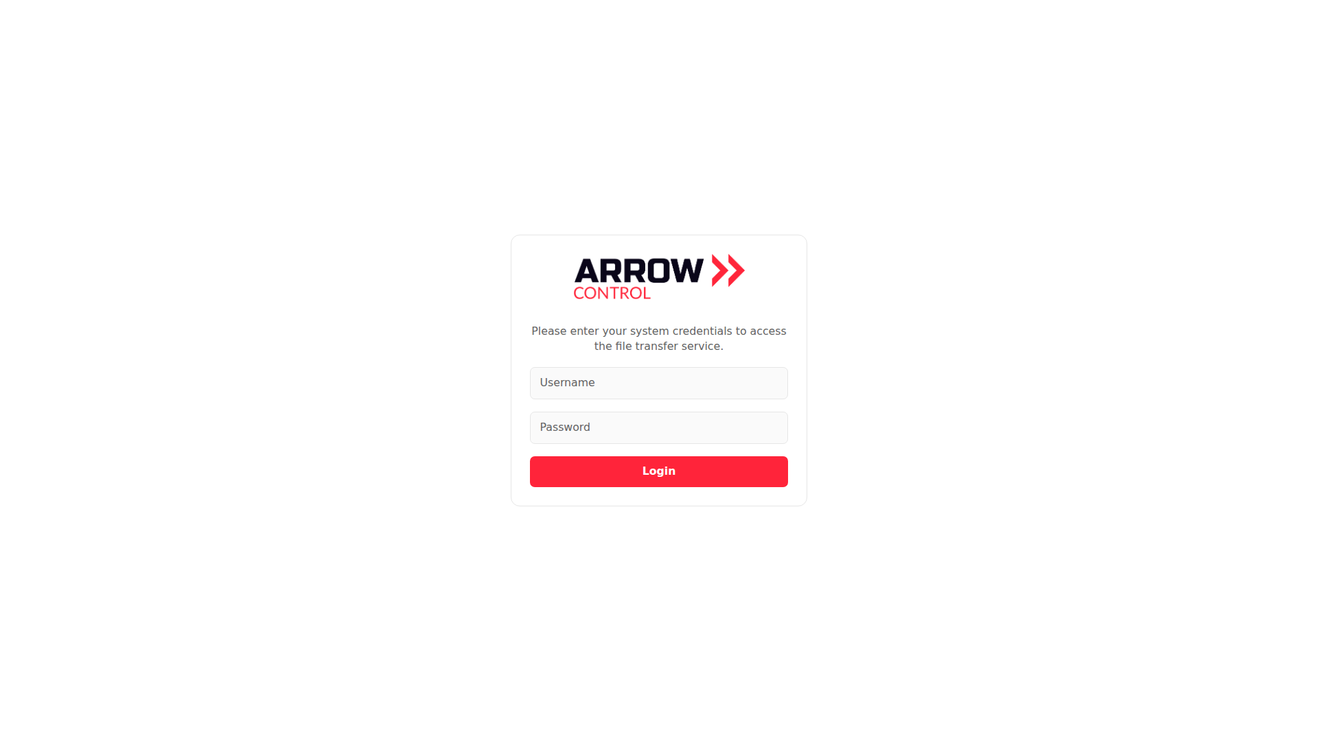 ARROW Control login screen with username and password fields
