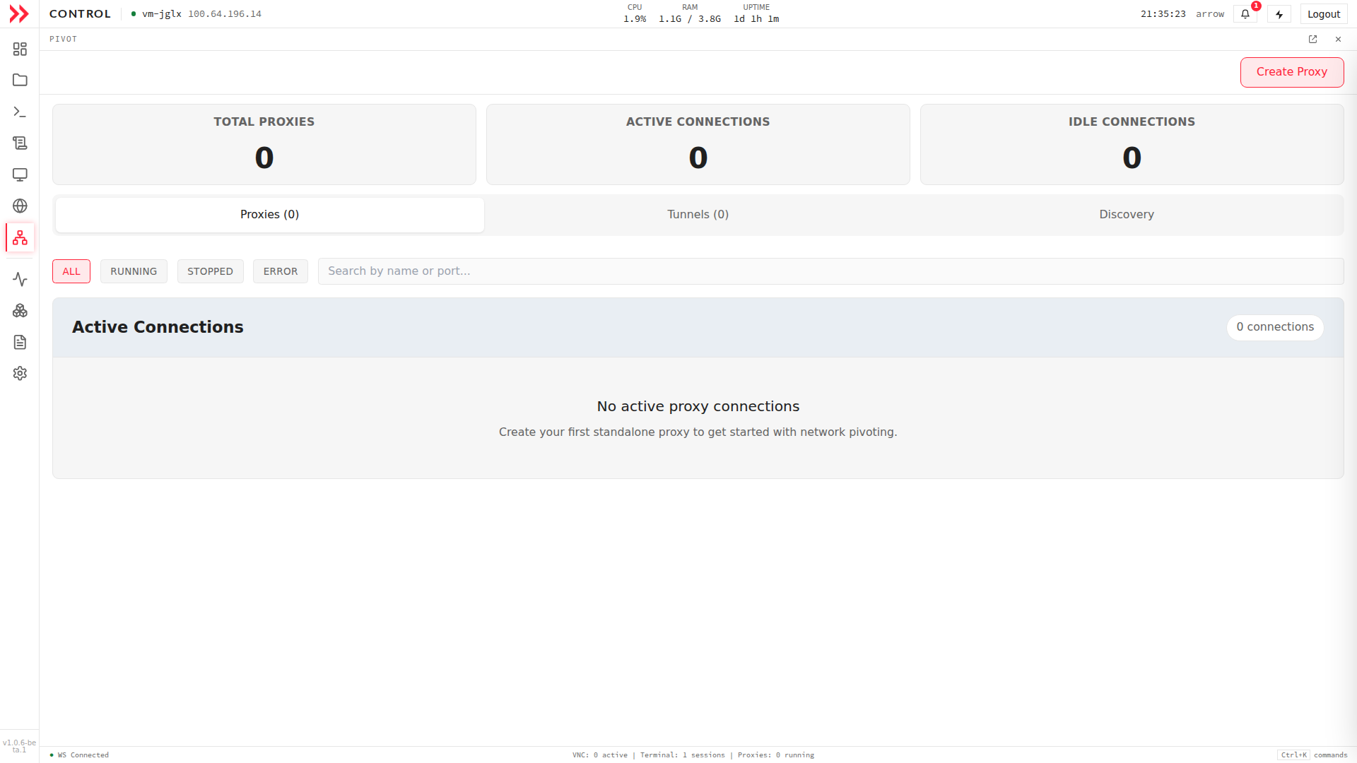 ARROW Control Pivot Proxies tab listing SOCKS proxies with status counters and a Create Proxy button