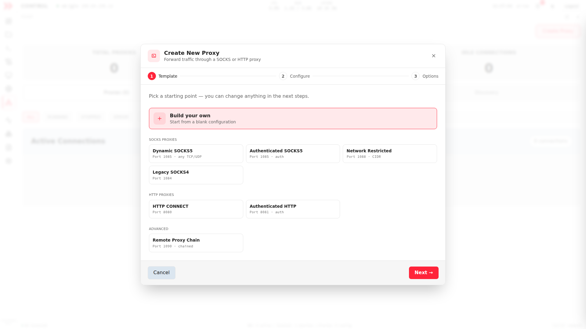 The Create New Proxy wizard showing SOCKS and HTTP proxy templates