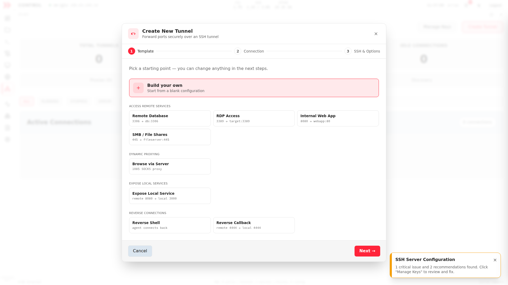 The Create New Tunnel wizard showing tunnel templates grouped by task