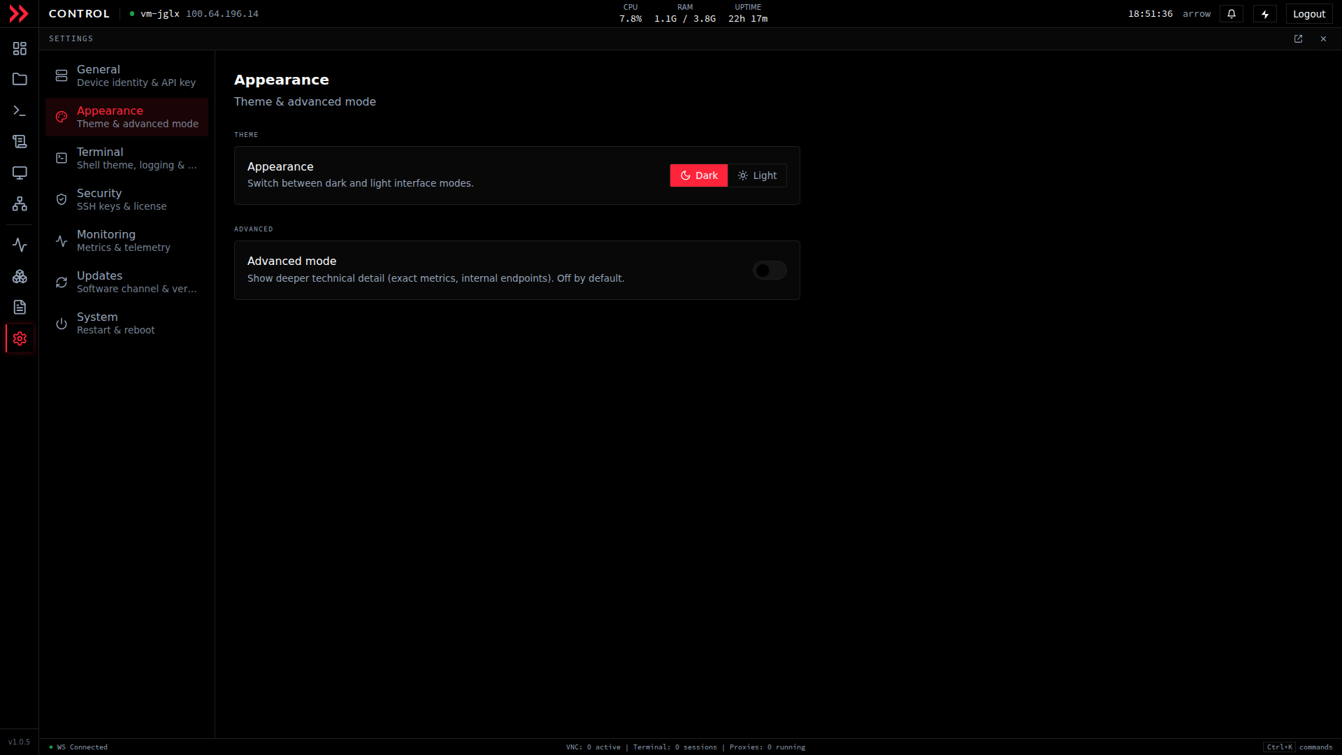 ARROW Control Settings Appearance section with dark and light theme toggle and advanced mode switch
