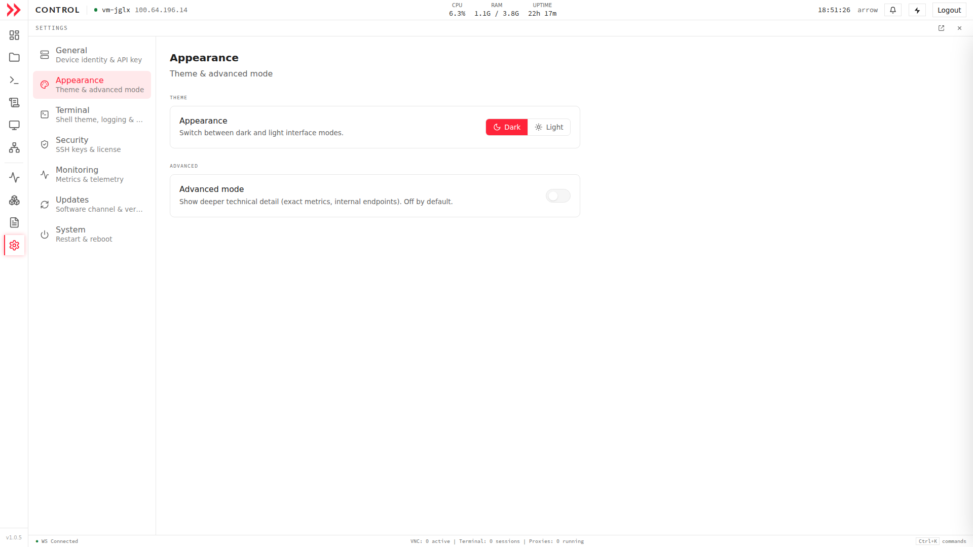 ARROW Control Settings Appearance section with dark and light theme toggle and advanced mode switch