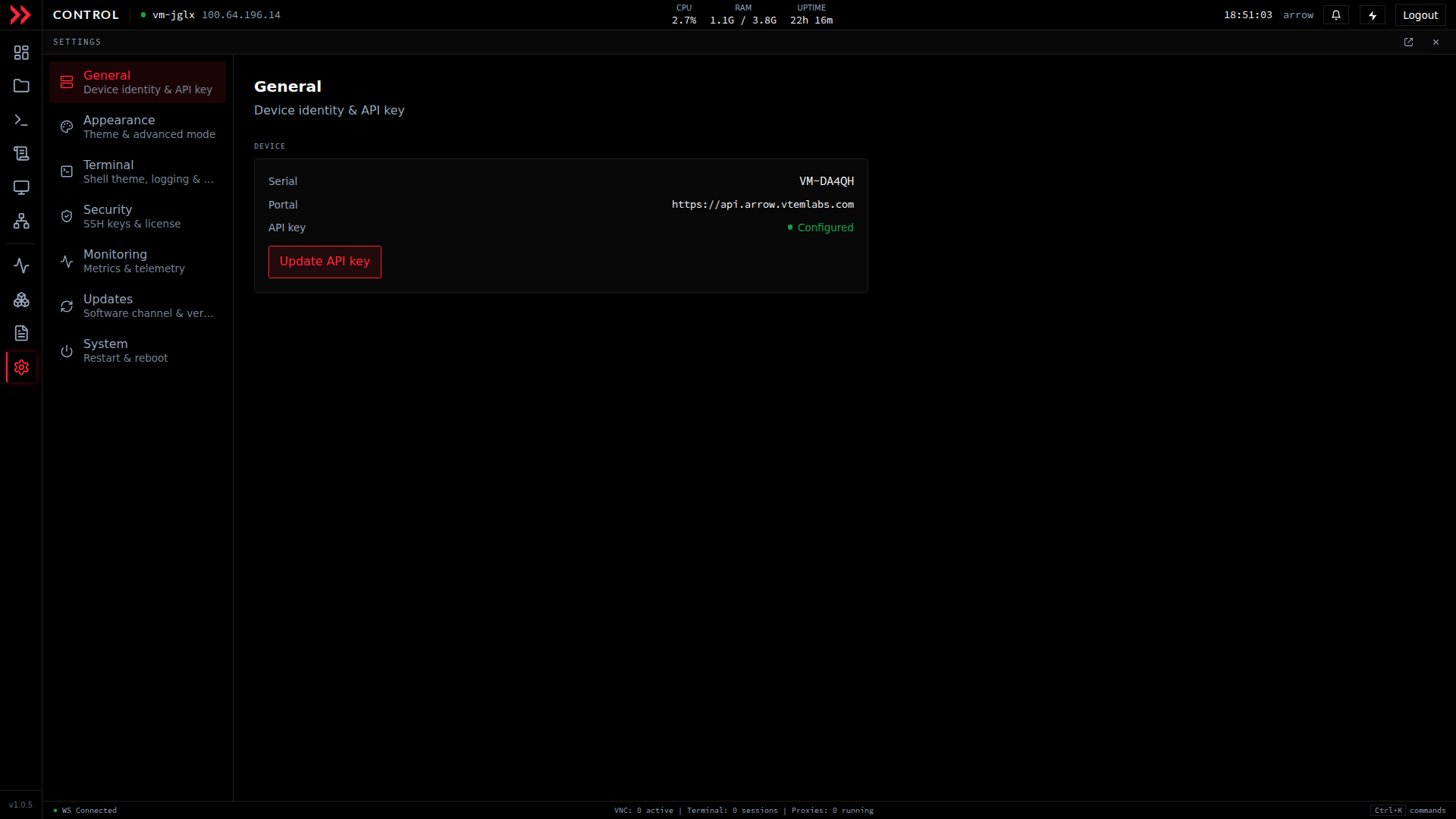 ARROW Control Settings General section showing device serial, portal URL, and API key status