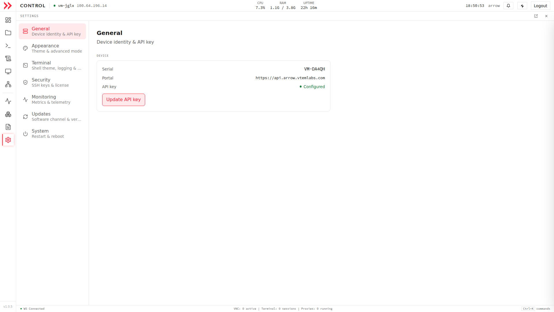 ARROW Control Settings General section showing device serial, portal URL, and API key status