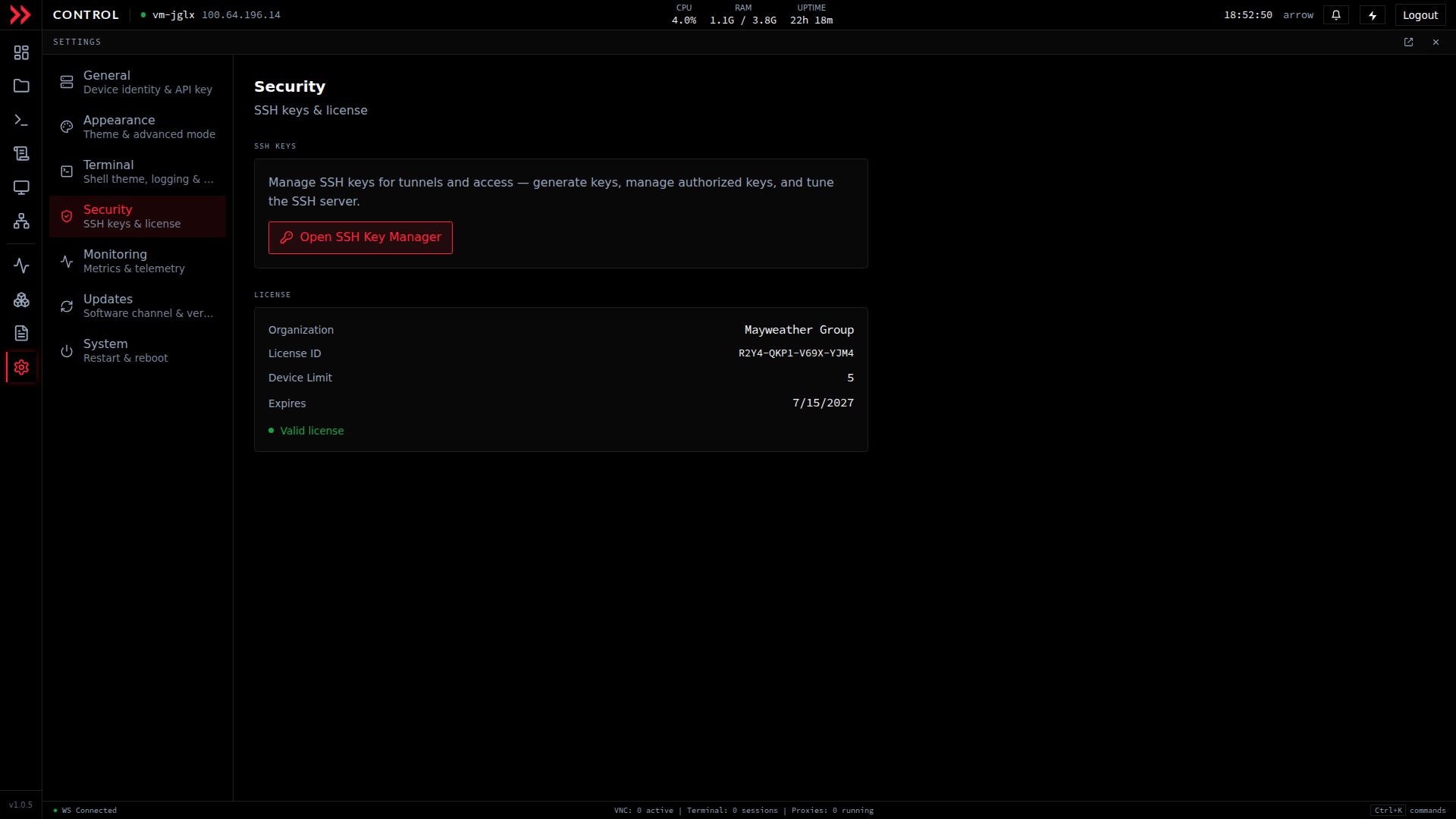 ARROW Control Settings Security section with SSH Key Manager and license status and expiry