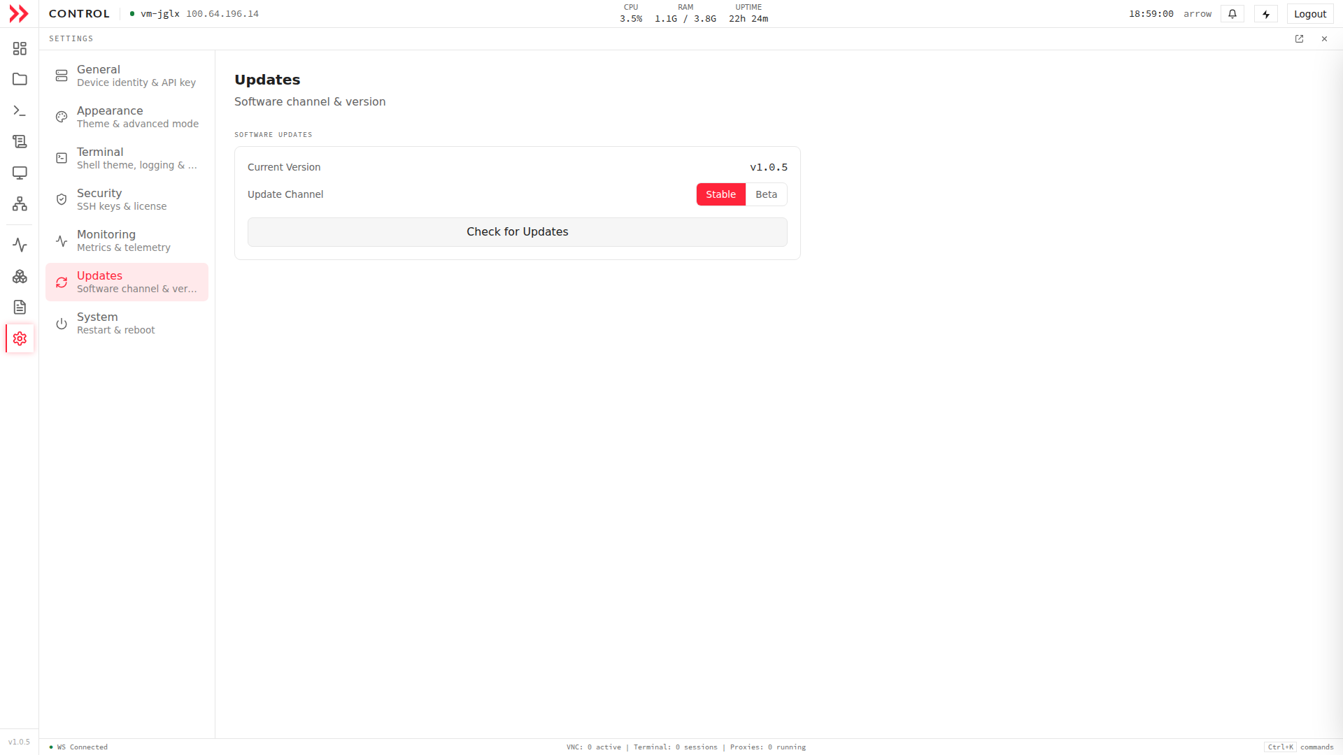 ARROW Control Settings Updates section with current version, Stable and Beta channel toggle, and Check for Updates button