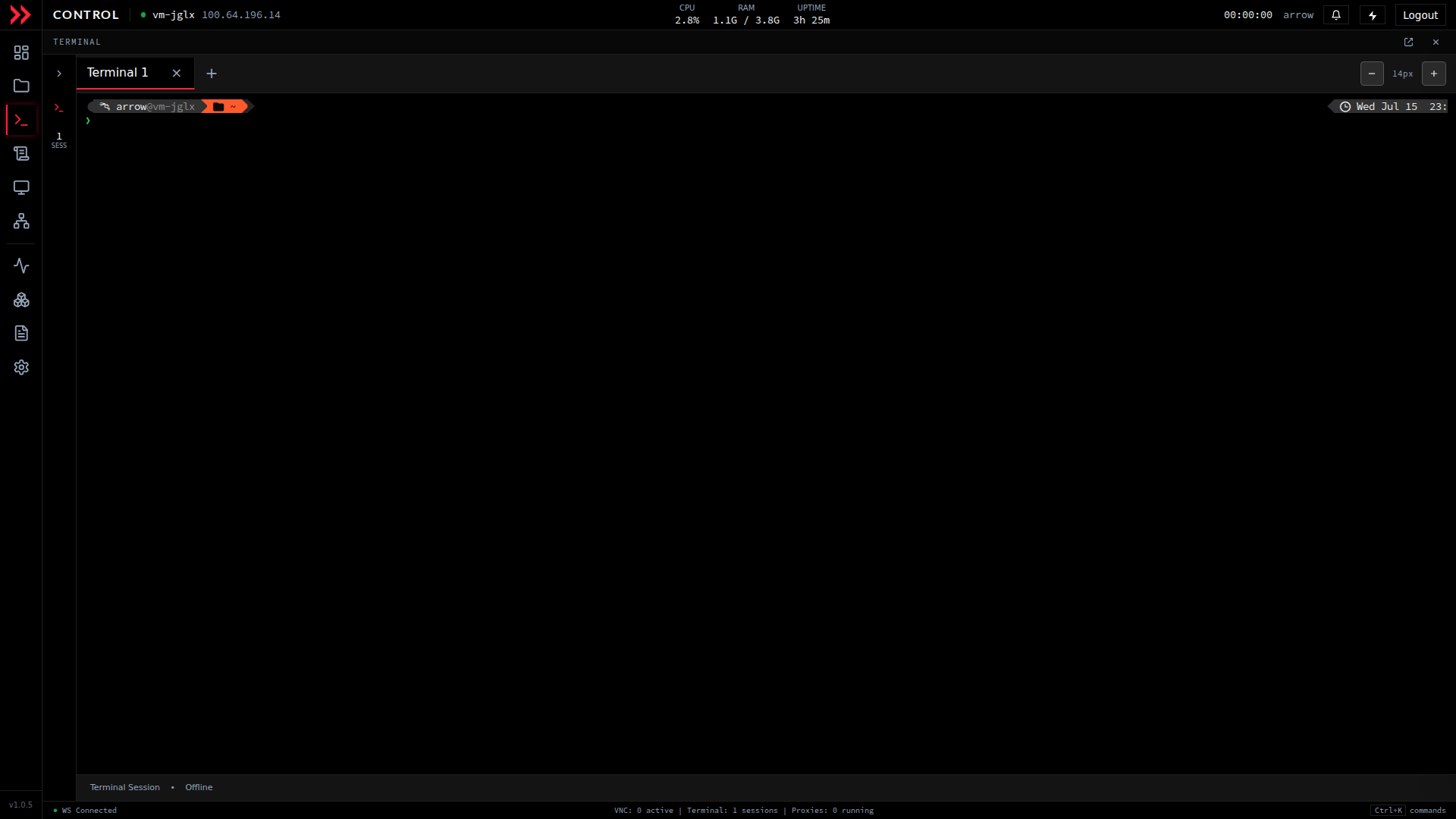 ARROW Control terminal with a live shell session in a tab