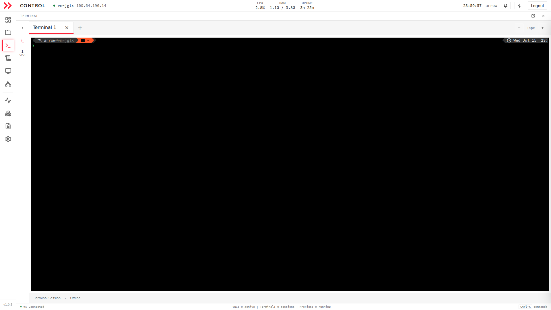 ARROW Control terminal with a live shell session in a tab