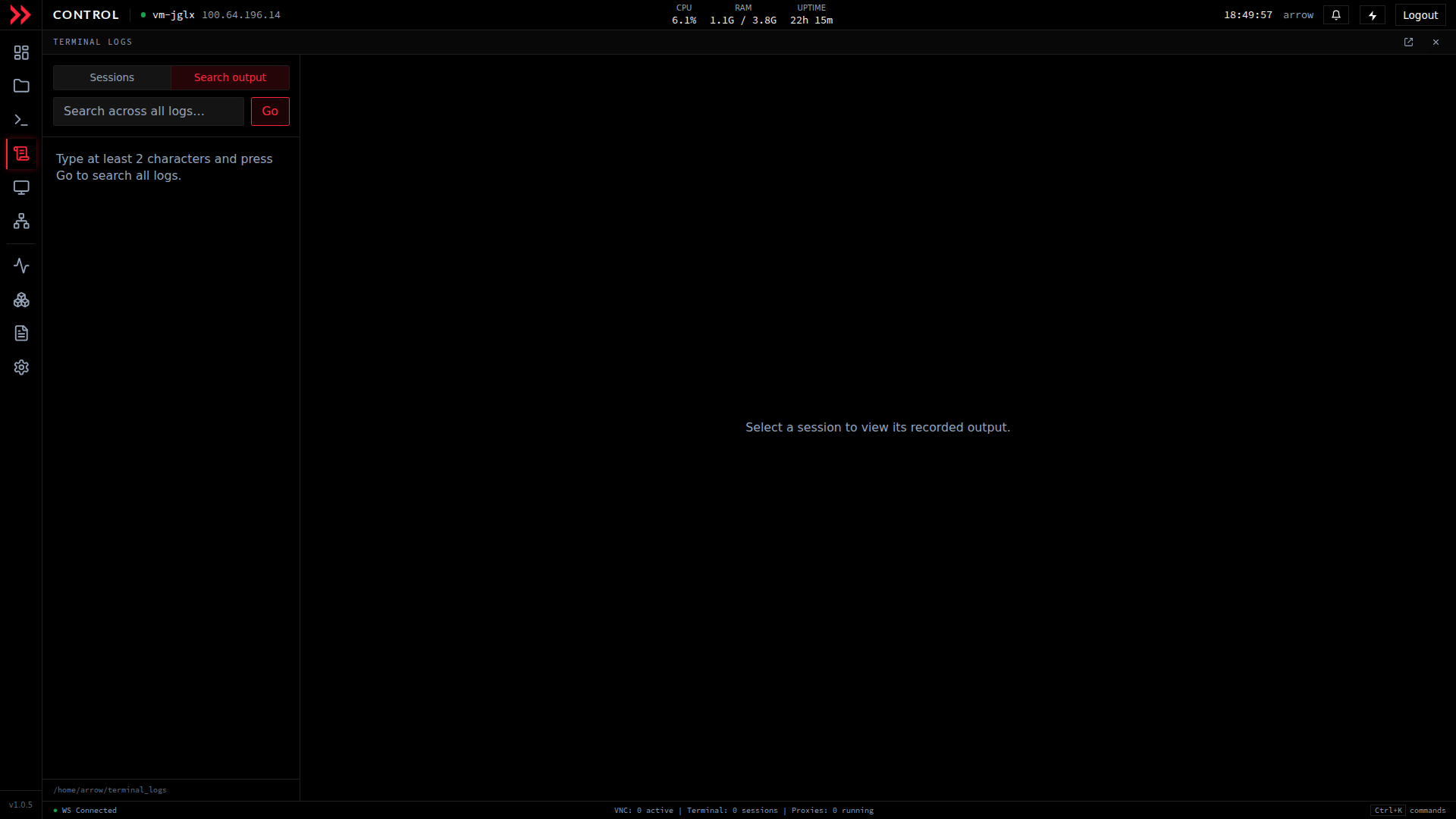 ARROW Control terminal logs Search output tab searching across all recorded sessions