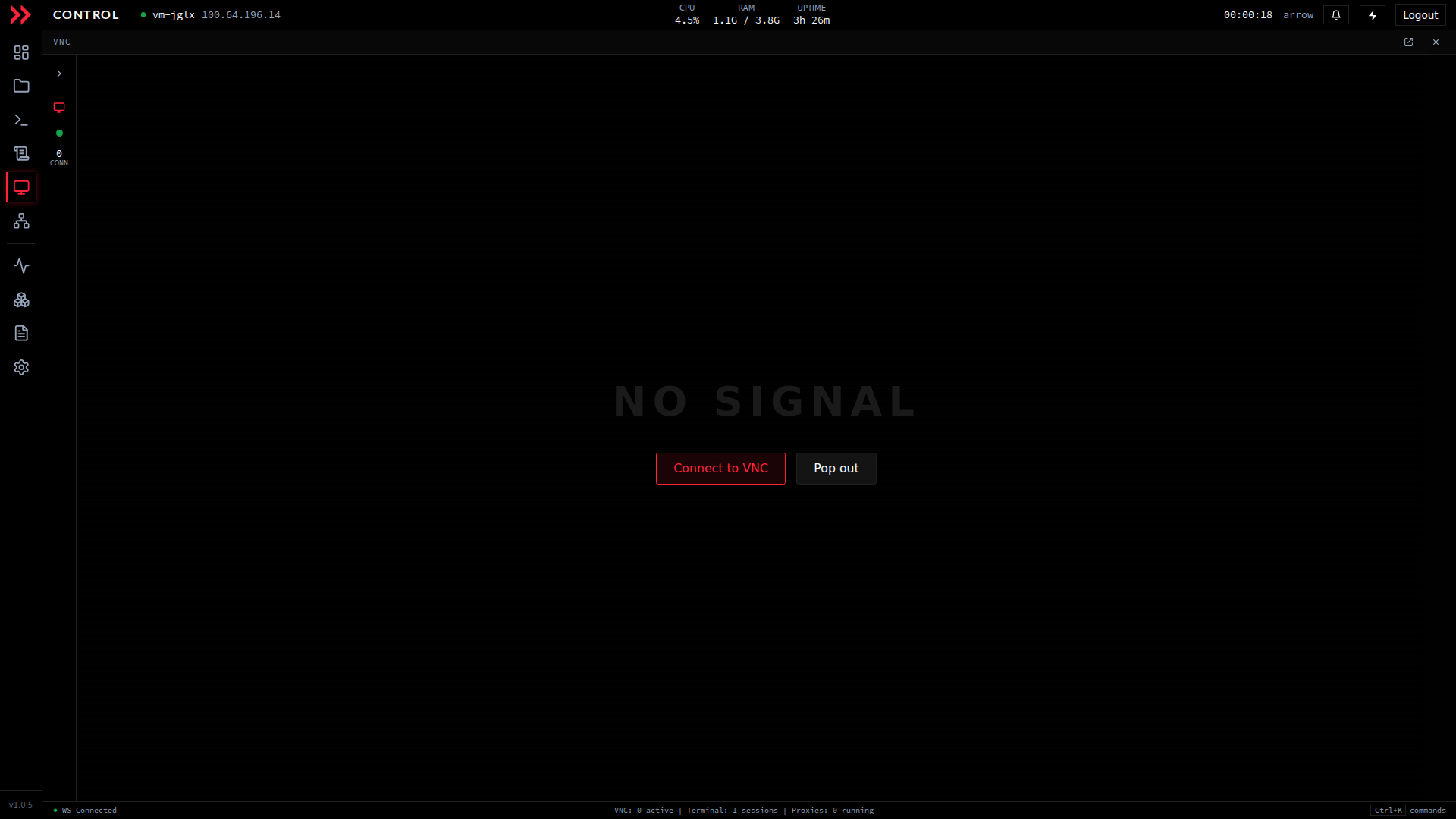 ARROW Control VNC page showing the No Signal state with connect and pop-out buttons