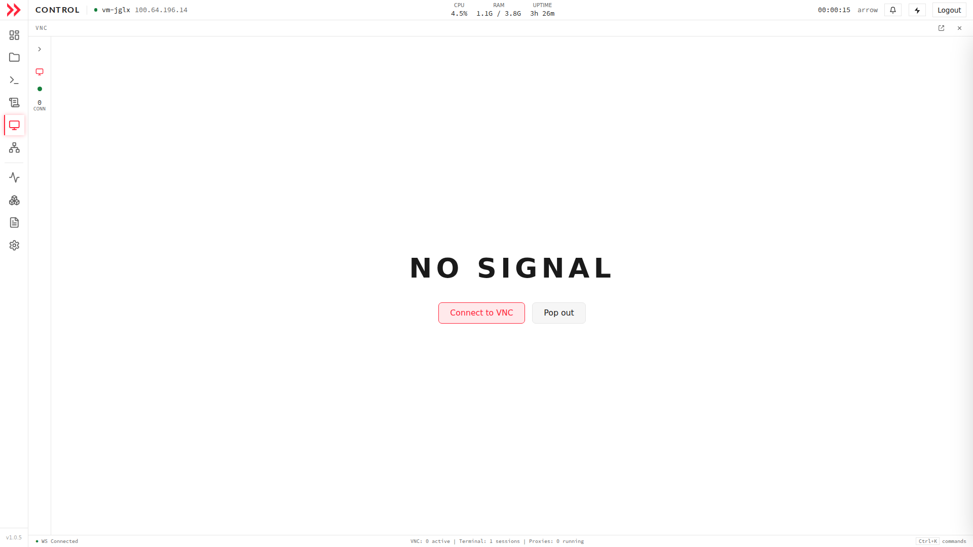 ARROW Control VNC page showing the No Signal state with connect and pop-out buttons