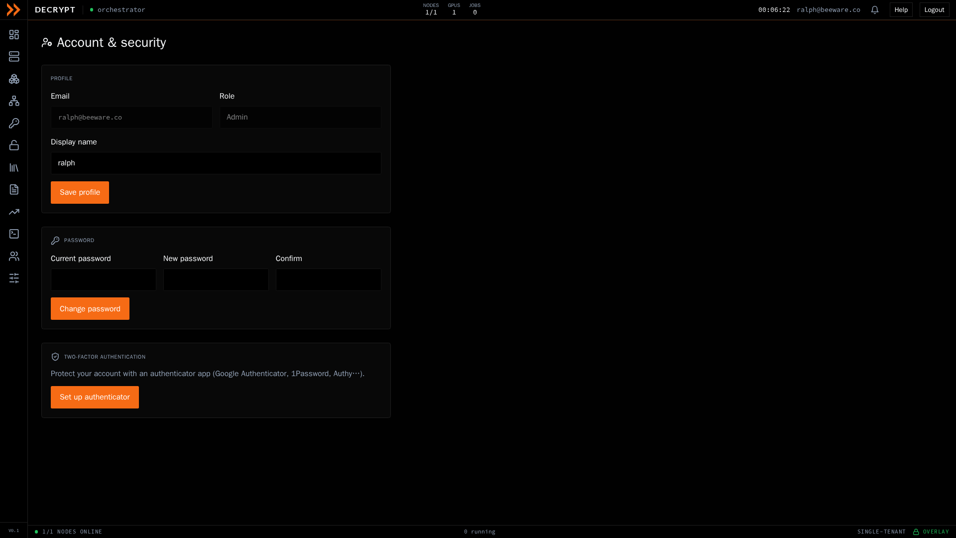 ARROW Decrypt Account and Security screen with profile, password, and two-factor