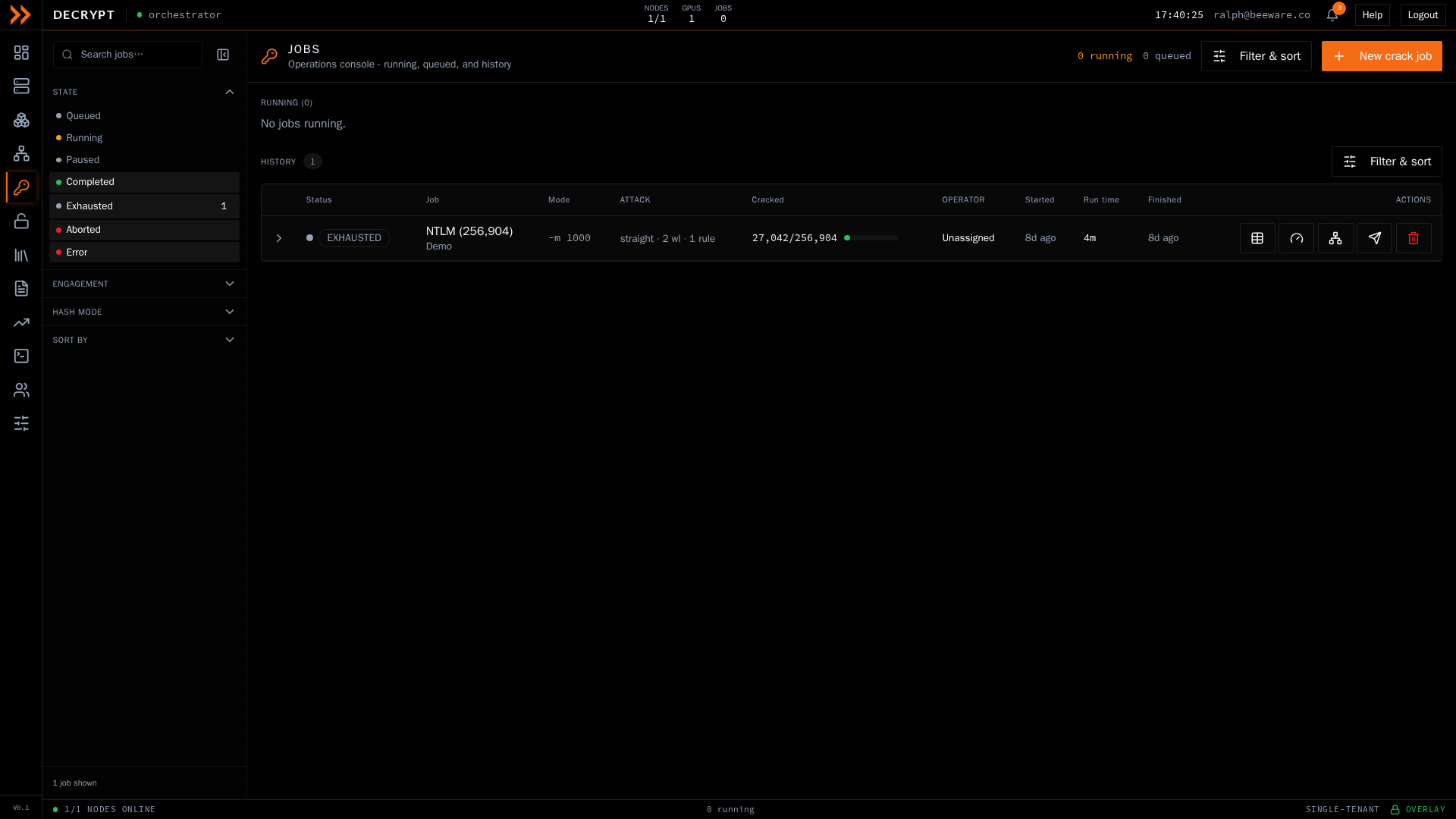 ARROW Decrypt Jobs screen with the filter rail, running section, and history table