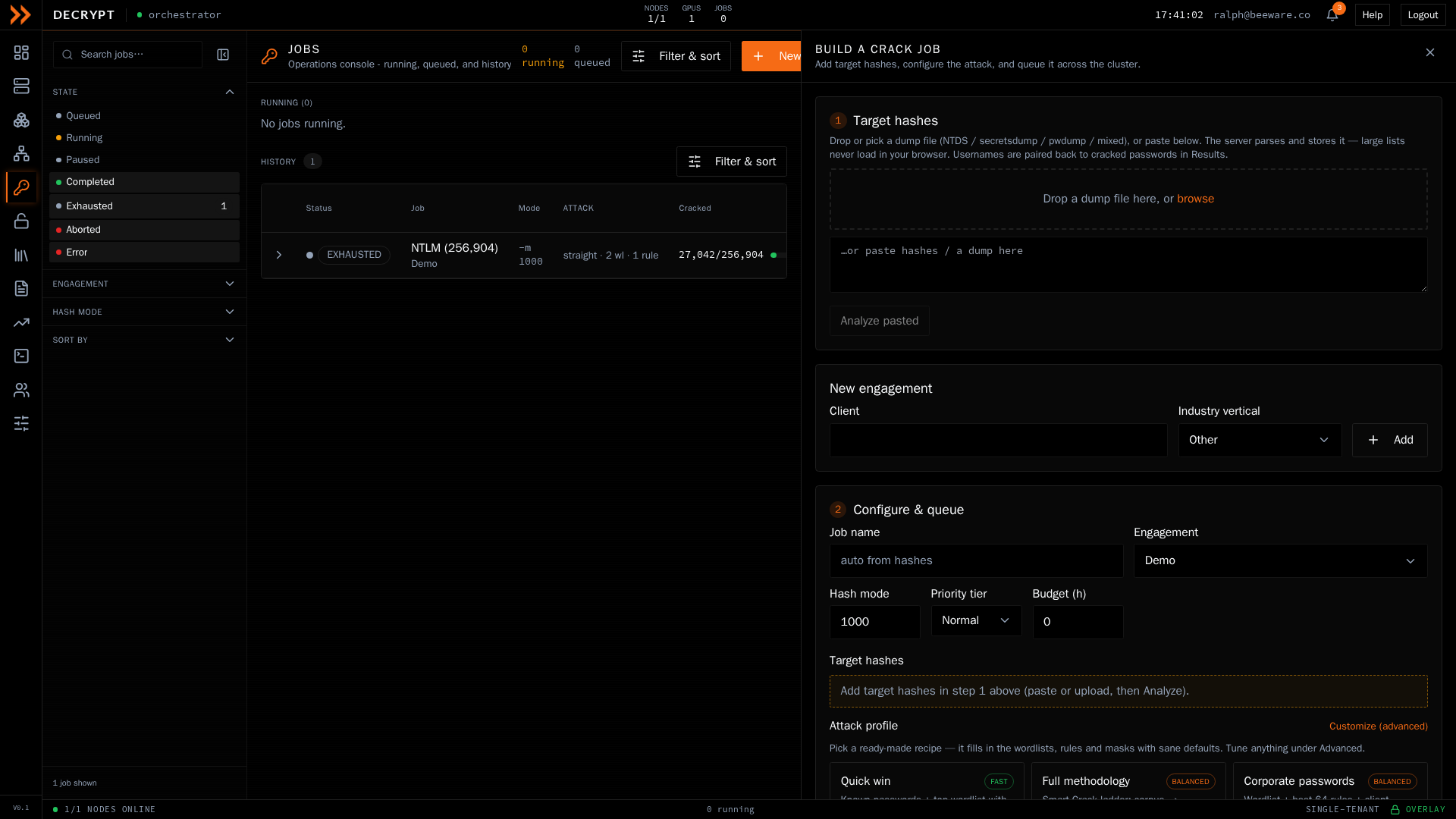 The Build a crack job panel with hash intake, engagement, and attack configuration
