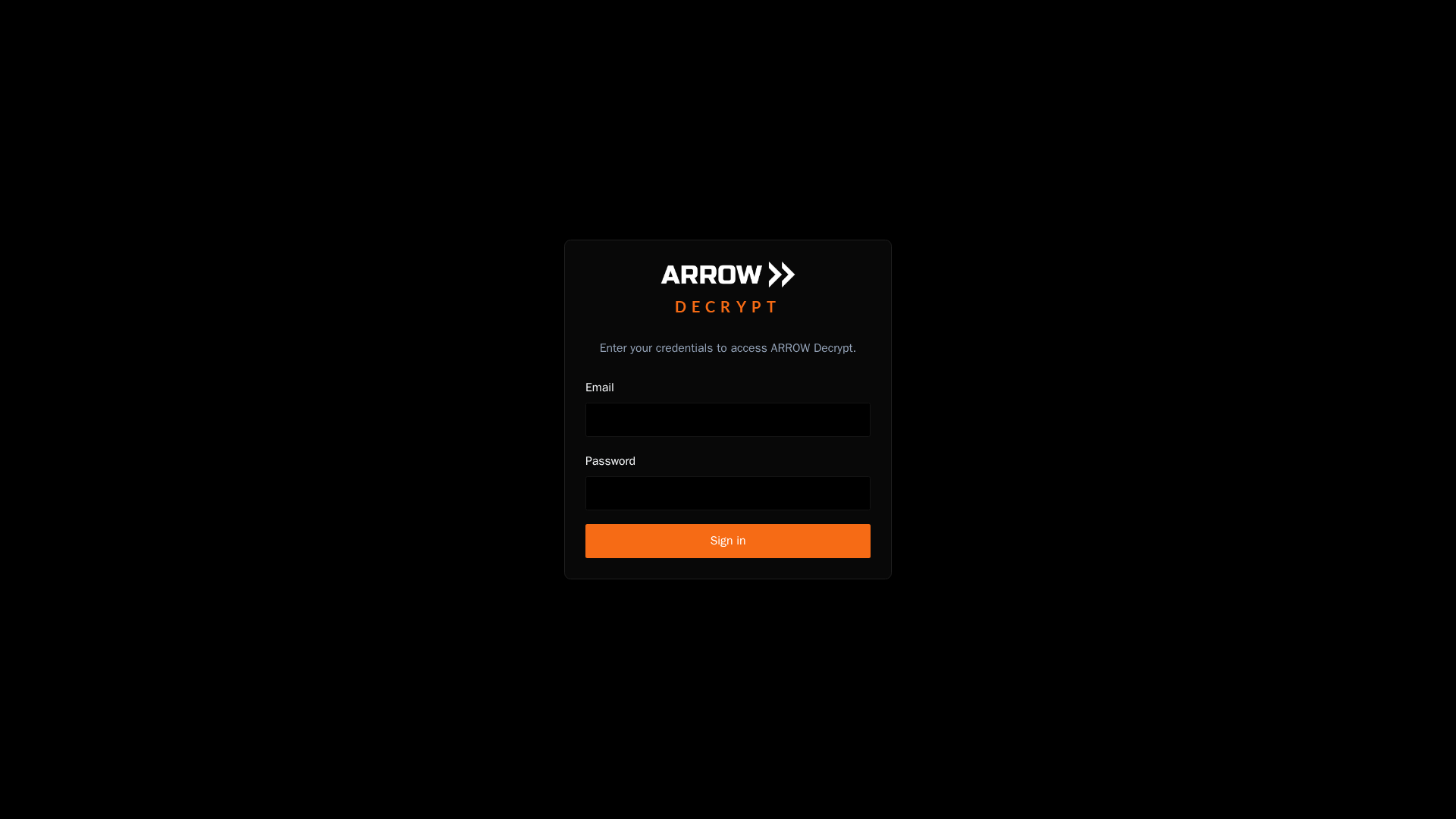 ARROW Decrypt sign-in screen with email and password fields