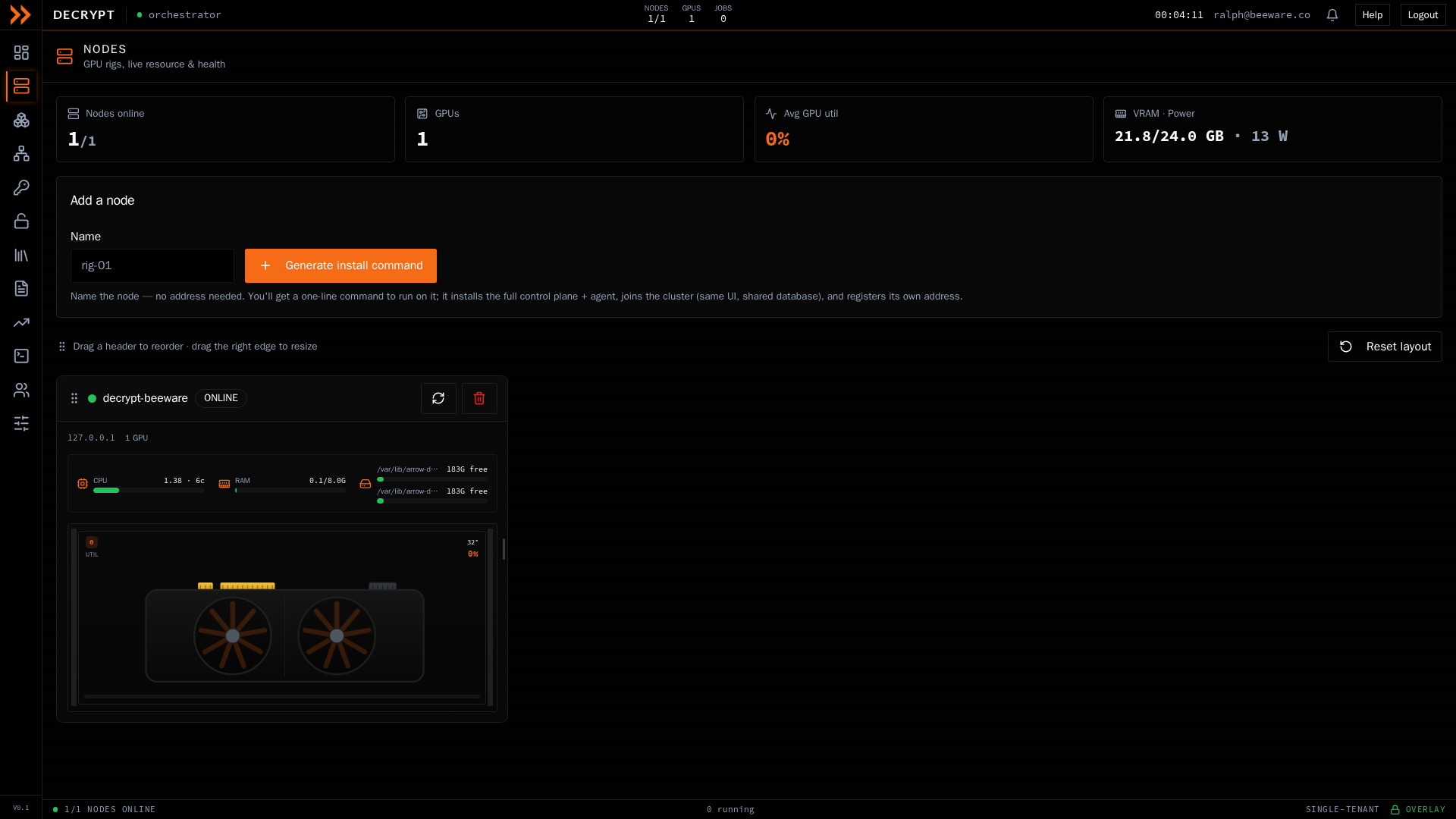 ARROW Decrypt Nodes screen with live GPU cards and fleet rollup tiles