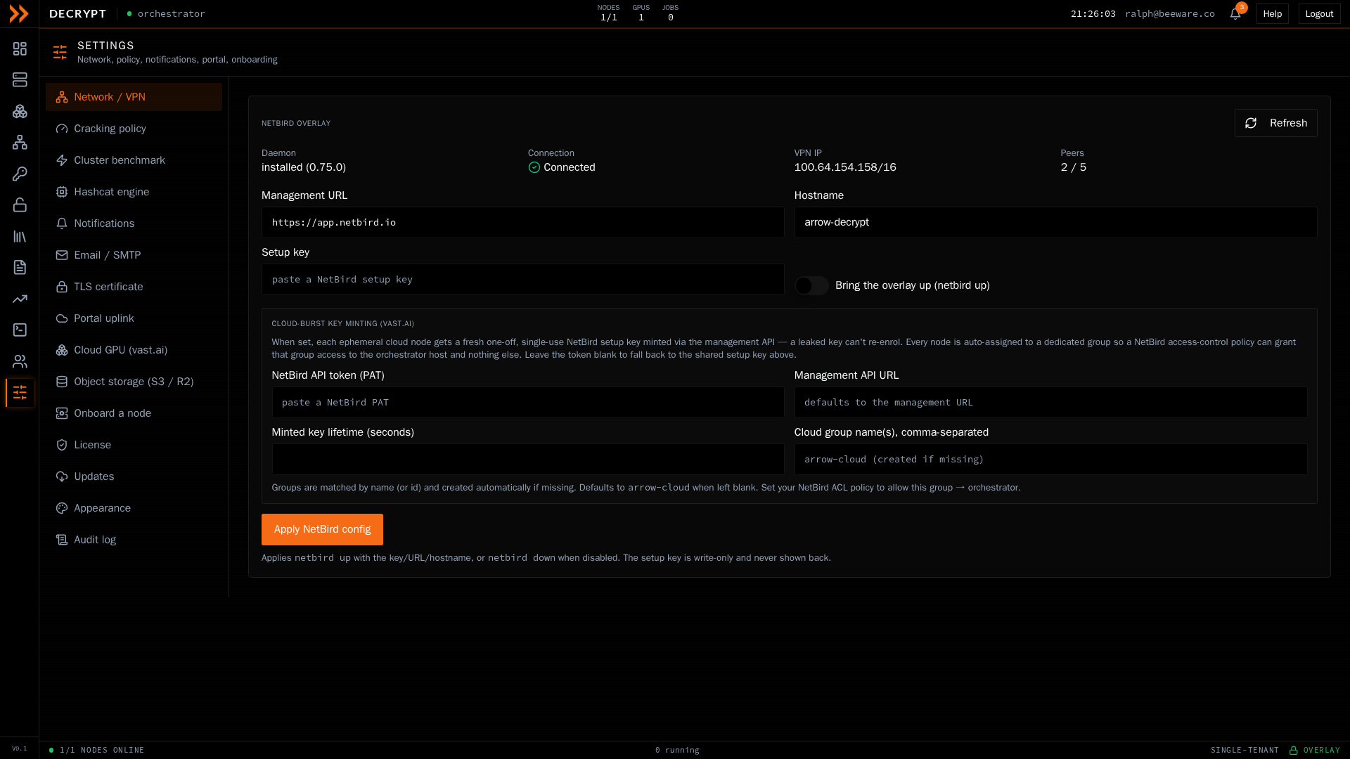 ARROW Decrypt Settings screen with the section rail